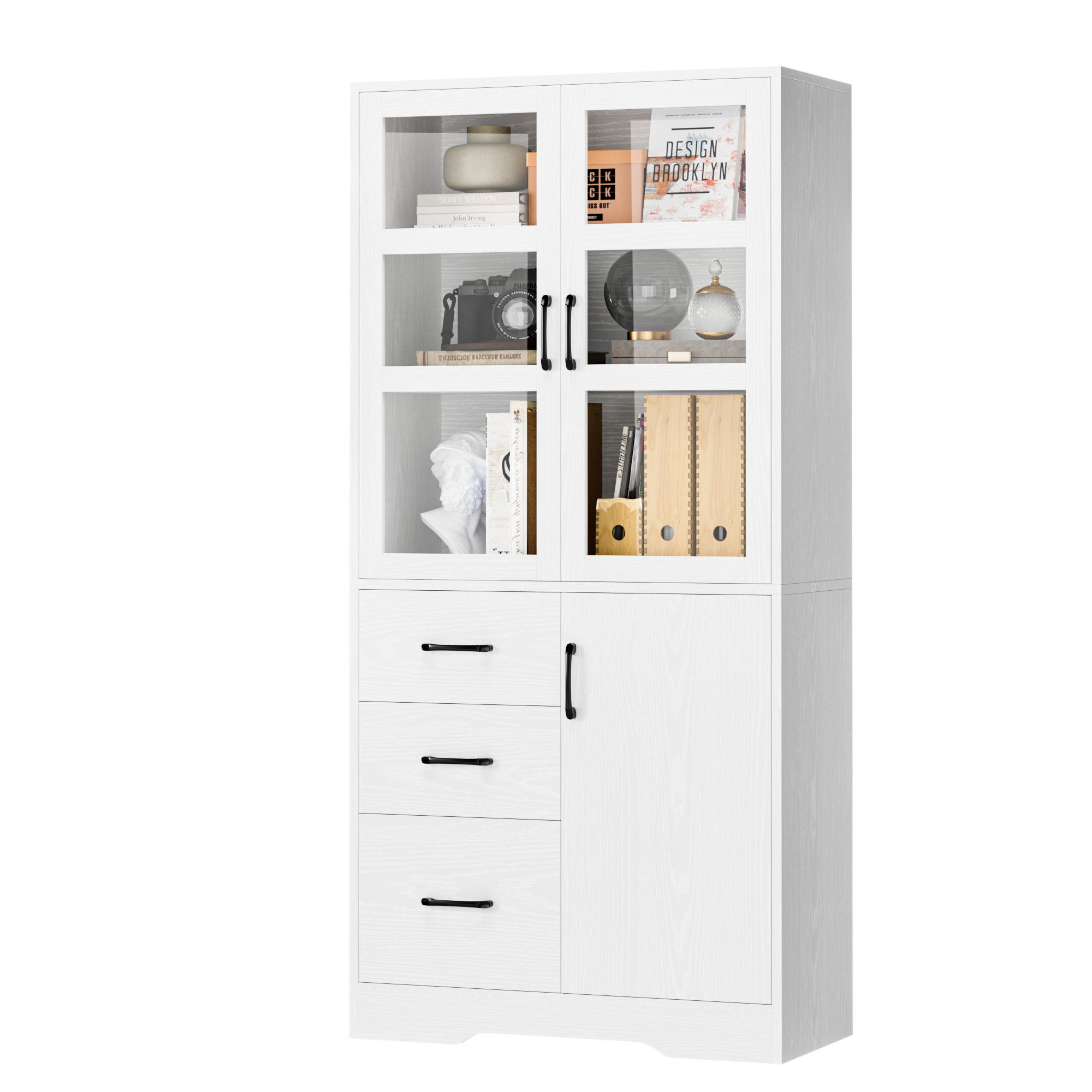 Hiphuta 67.5" Tall Standard Bookcase with Drawers & Doors, Wooden Storage Bookshelf for Home Office, White