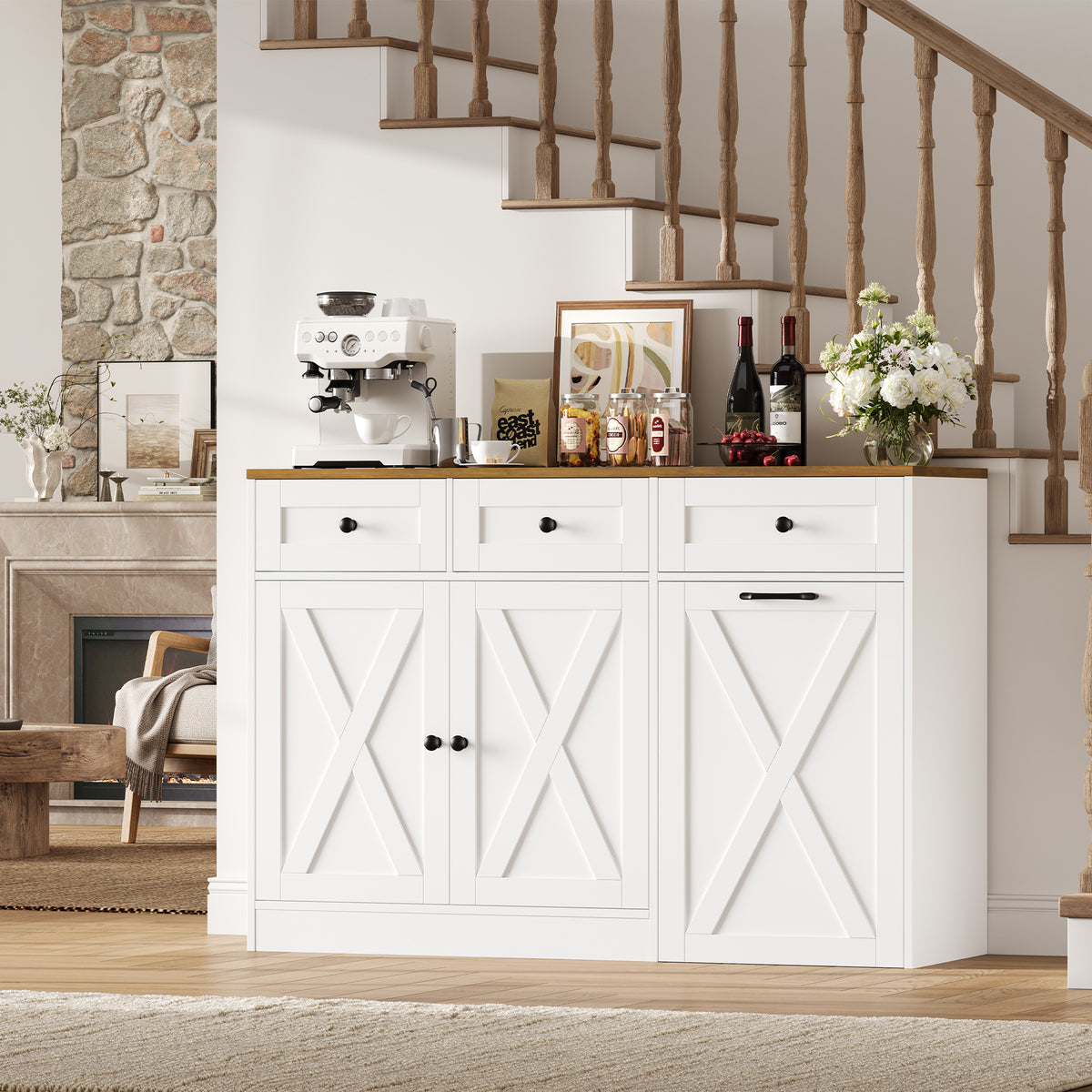 Hiphuta Trash Can Buffet Cabinet Fits 13 Gallon, 47"W Farmhouse Credenza Sideboard with Hidden Garbage Can Cabinet for Dining and Living Room, White