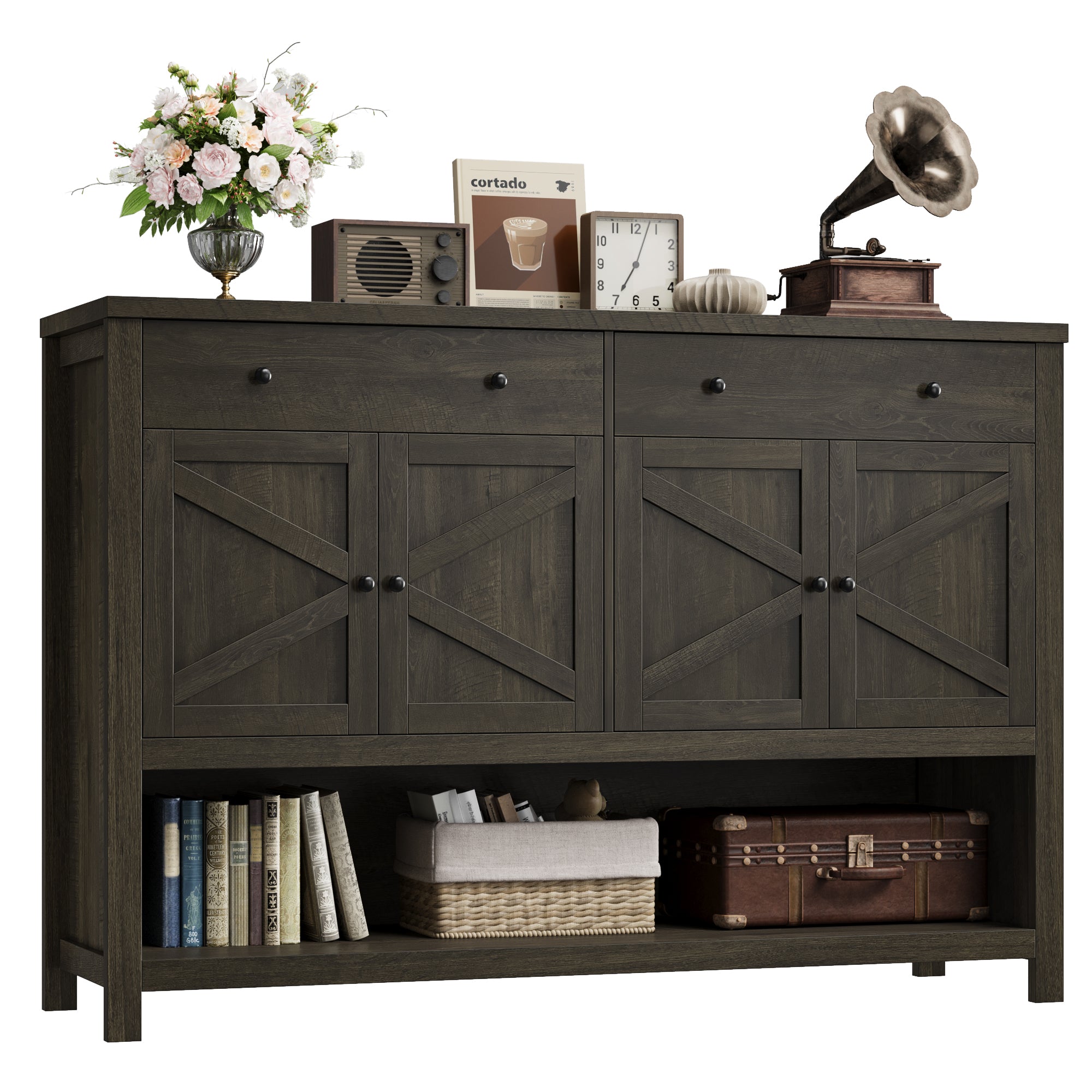 Hiphuta 55" Wide Console Table with 2 Drawers and 2 Double-Door Cabinet, Farmhouse Sideboard Dark Brown