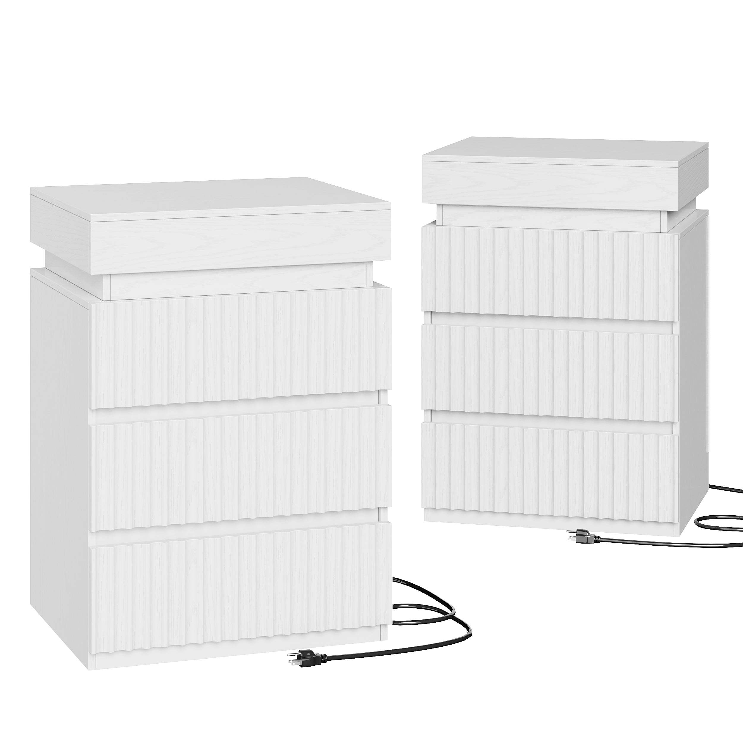 Hiphuta Set of 2 Nightstands with Charging Station, Wood End Table with 3 Drawers for Adult Bedroom Living Room, White