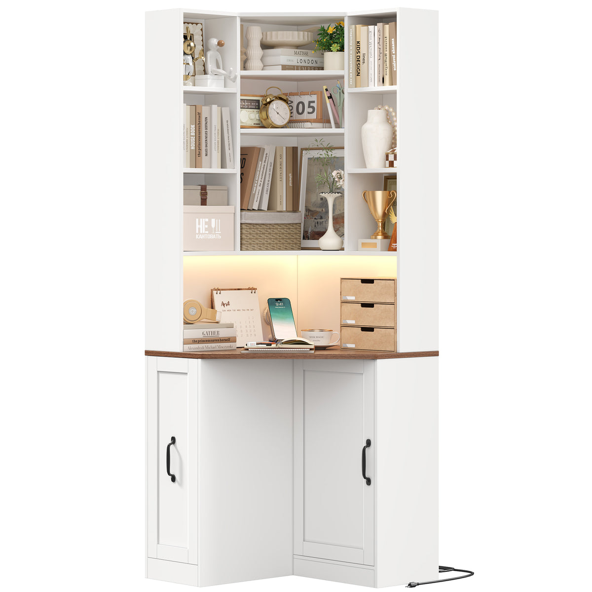 Hiphuta 71" Tall Corner Bookcase with Pull-out Storage Rack, LED Corner Bookshelves with Door and Desktop, and Corner Vanity Cabinet for Home Office Bedroom, White