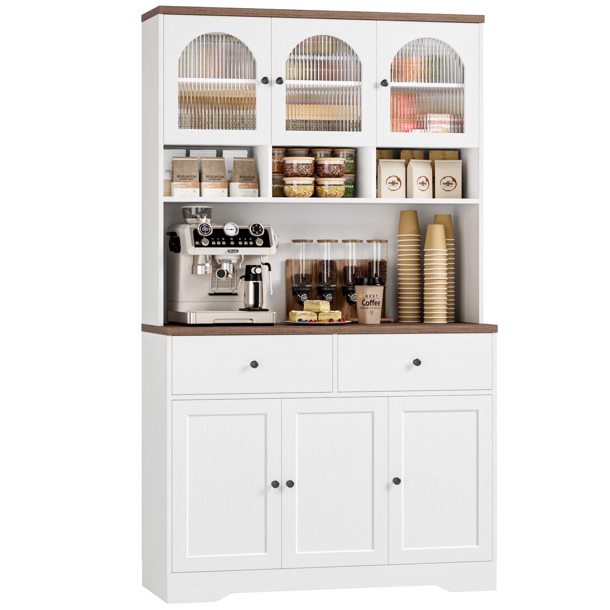 Hiphuta 71" Farmhouse Kitchen Pantry Storage Cabinet, Freestanding Hutch with Adjustable Shelves & Microwave Stand, Cupboard for Dining Room, White