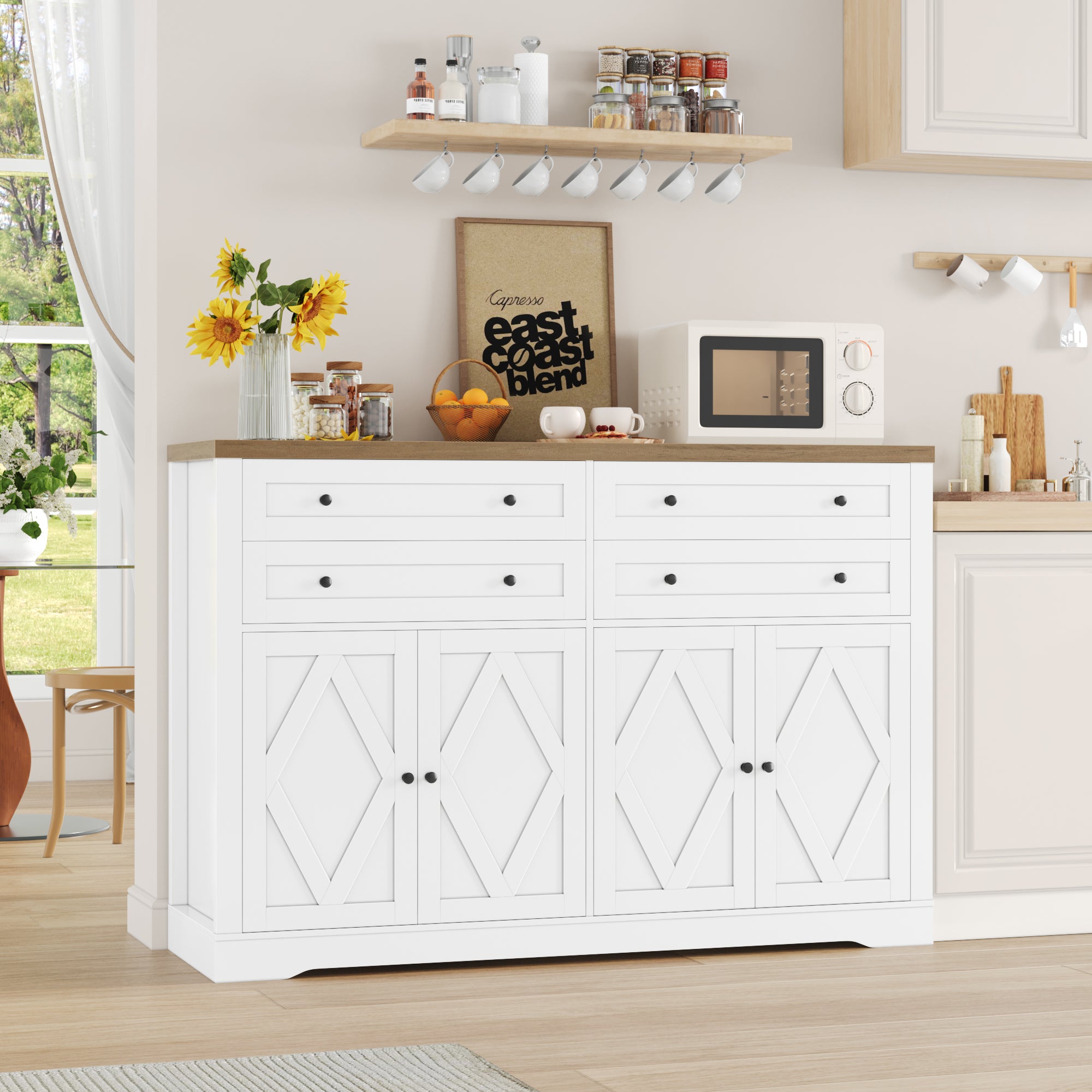 Hiphuta 55" Wide Farmhouse Buffet Storage Cabinets with 2 Adjustable Shelves & 4 Drawers for Living Room, White