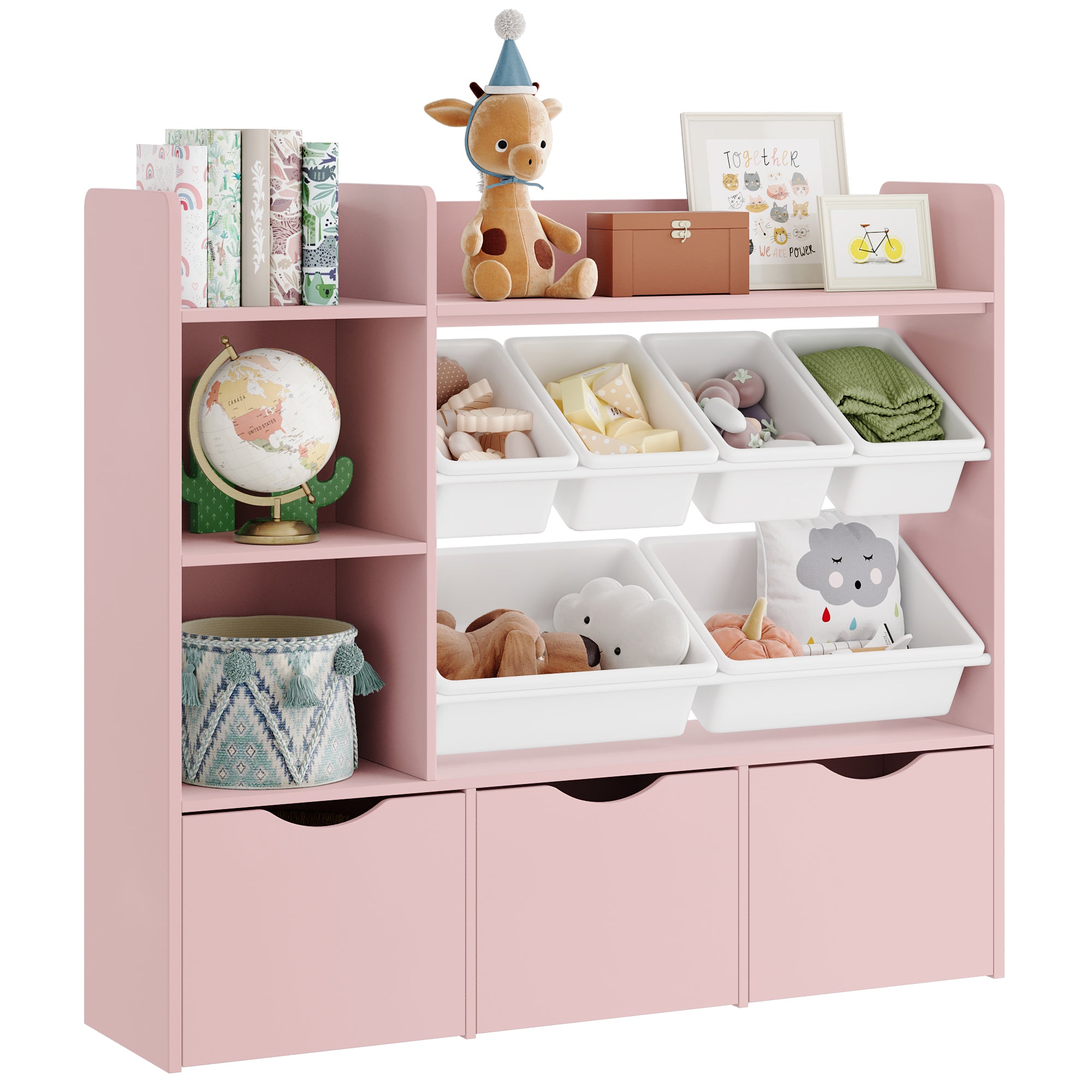 Hiphuta Kid’s Toy Storage Organizer, Wood Toy Organizer of 6 Bins & 3 Removable Drawers, Children's Bookcase, Pink