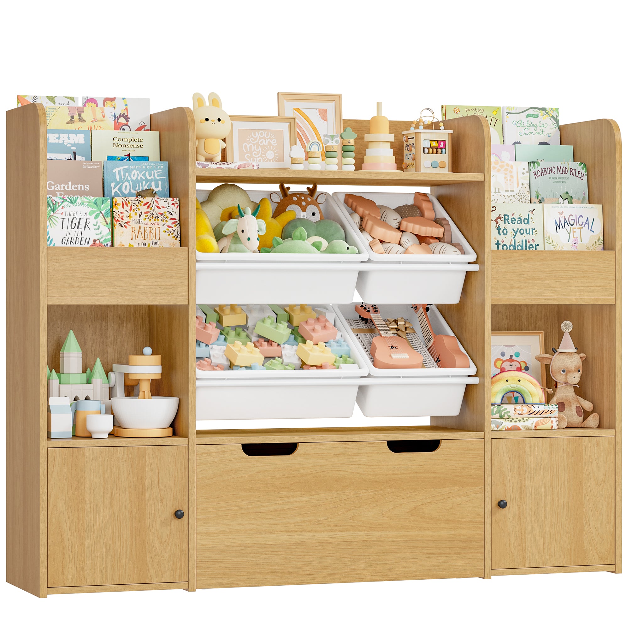 Hiphuta Kids Bookcase Toy Storage Organizer, Wooden Toy Organizer of 4 Bins& 1 Removable Drawers for Home Bedroom, Kids Bookshelf Toy Box with Book Rack, Natural