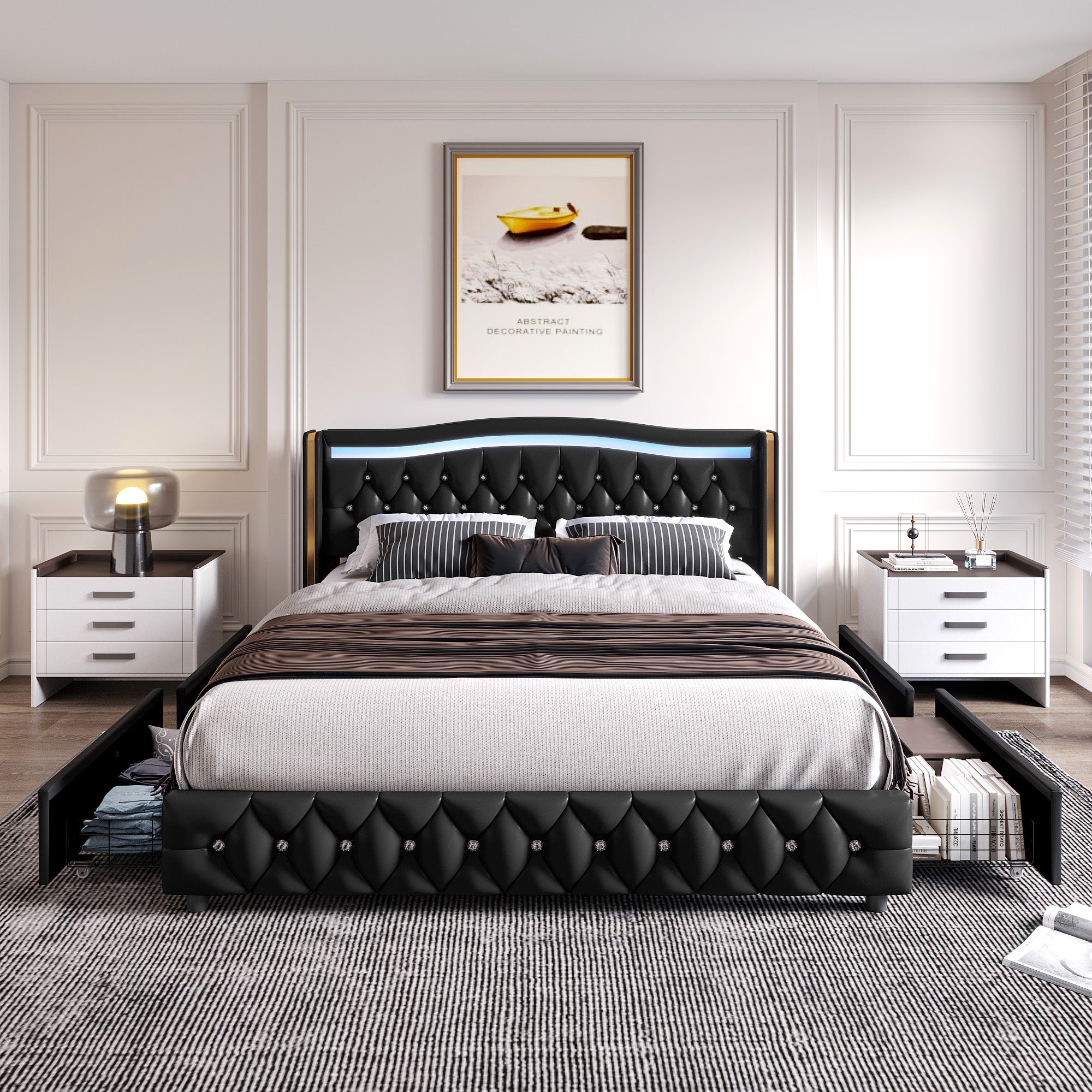 Hiphuta Queen Platform Bed Frame with 4 Storage Drawers, Crystal Button-Tufted Wingback Headboard, Modern PU Upholstered, Black