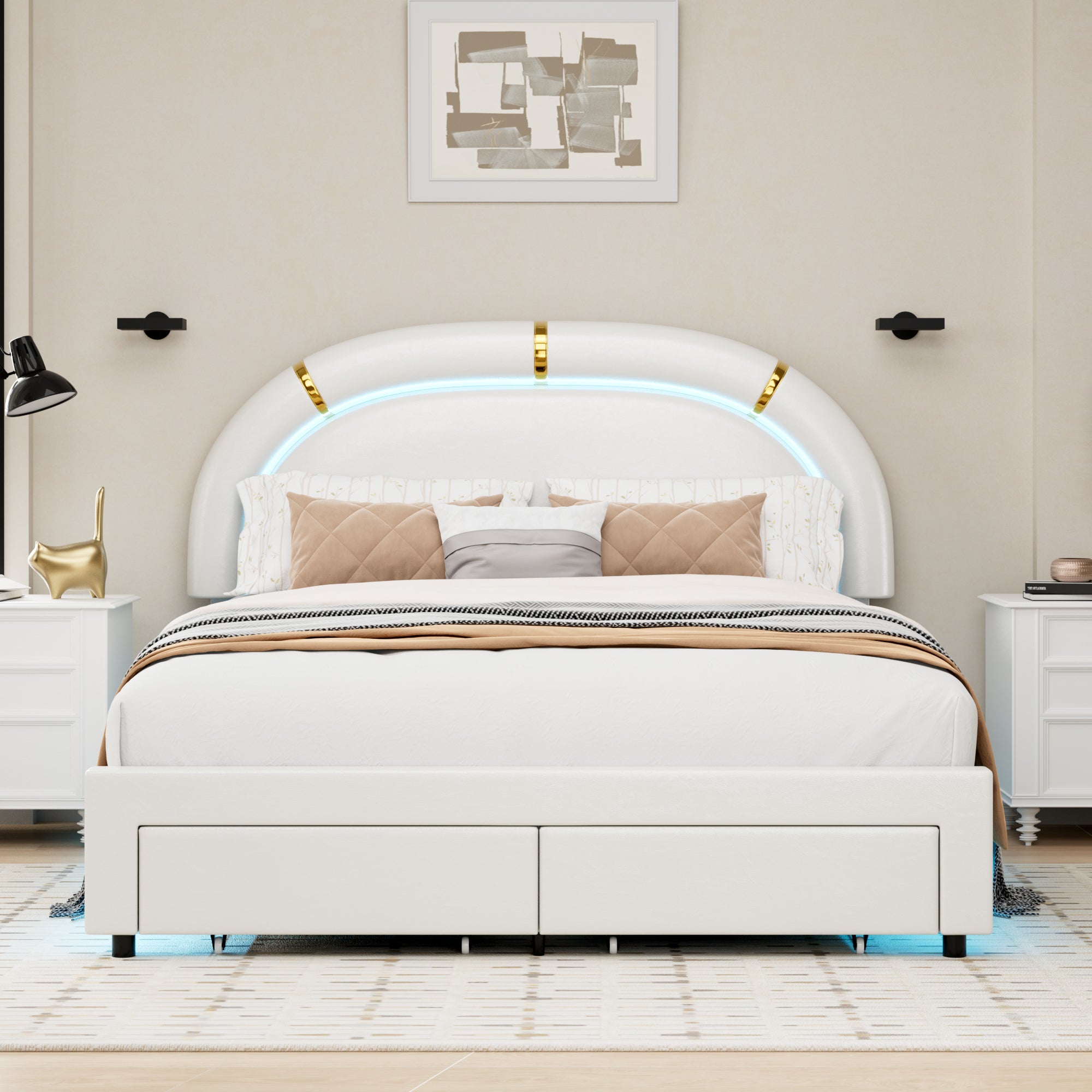 Hiphuta Full Kids Bed Frame with 2 Storage Drawers, LED Bed with Adjustable Headboard, Modern PU Upholstered, White