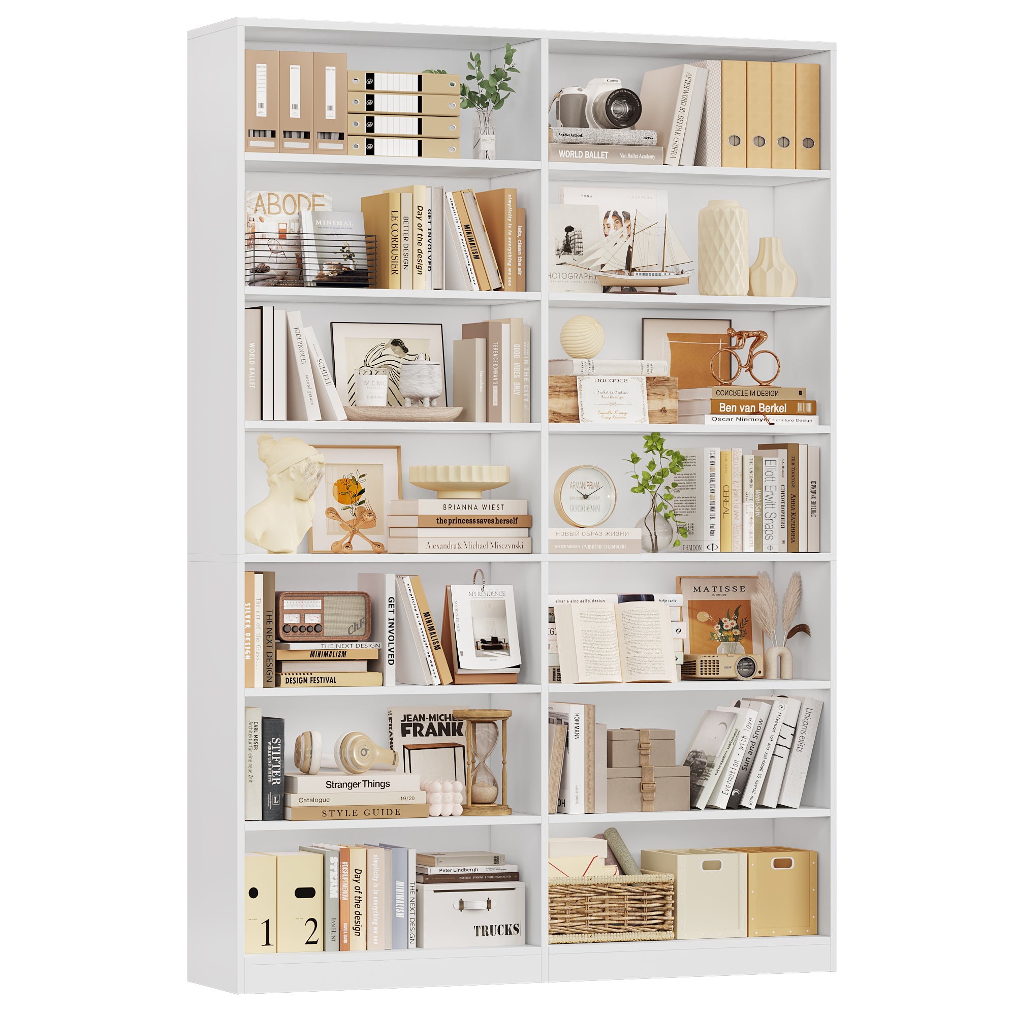 Hiphuta 84"H Wooden Double 7-Tier Tall Bookcase, Standard Bookcase for Living Room and Office, Freestanding Display Storage Shelves, White