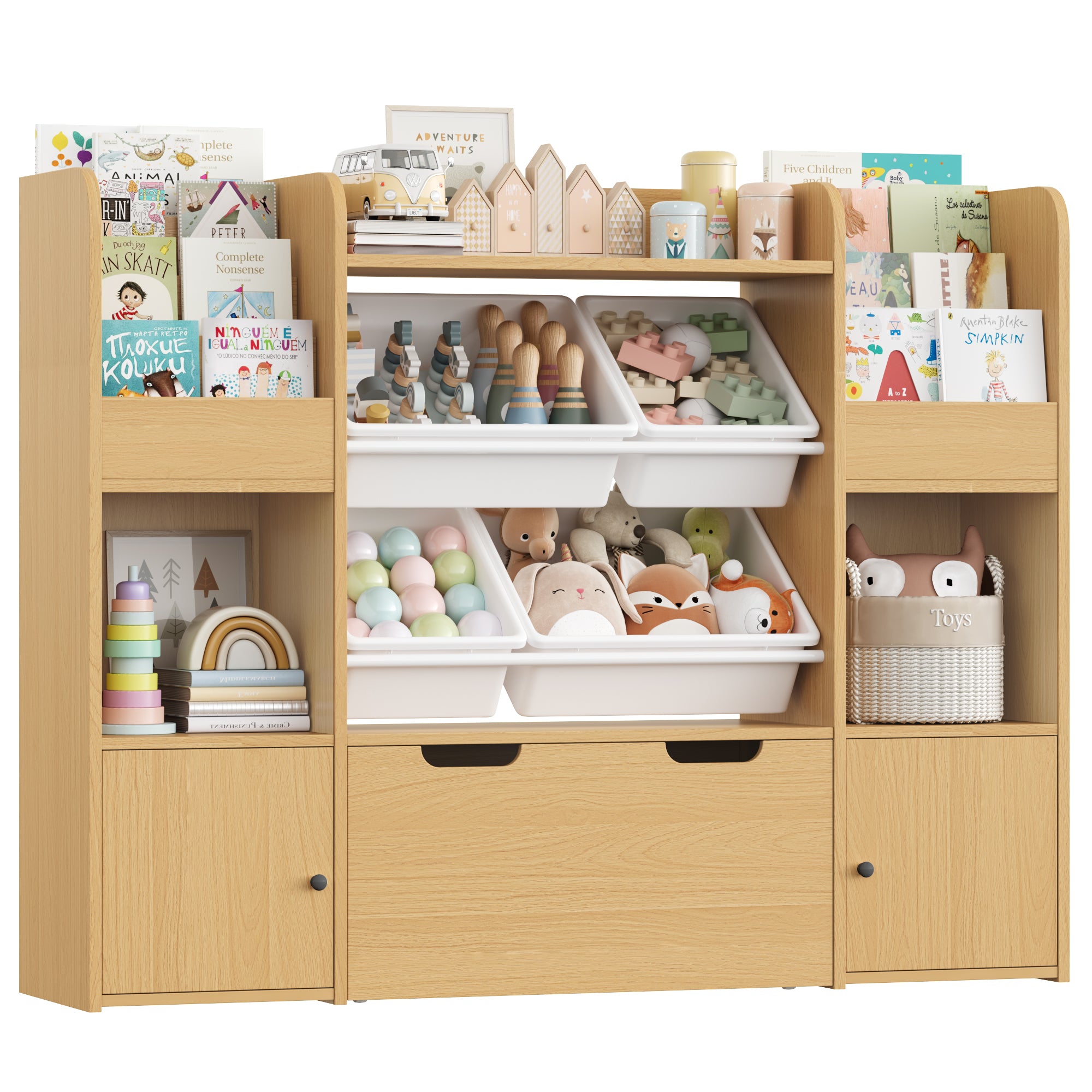 Hiphuta Kid Storage Toy Organizer, Wood Toy Storage Organizer with 4 Toy Boxes, Kids Bookcase with Book Rack, Natural