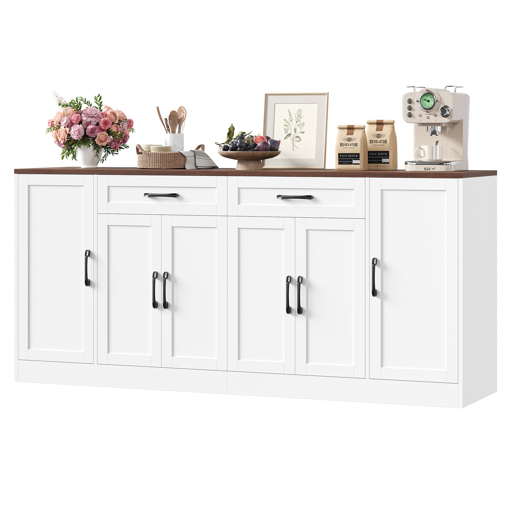 Hiphuta 70.8"W Large Buffet Cabinet with Storage, Modern Farmhouse Sideboard with 6 Doors, Coffee Bar for Kitchen Dining Room Living Room, White