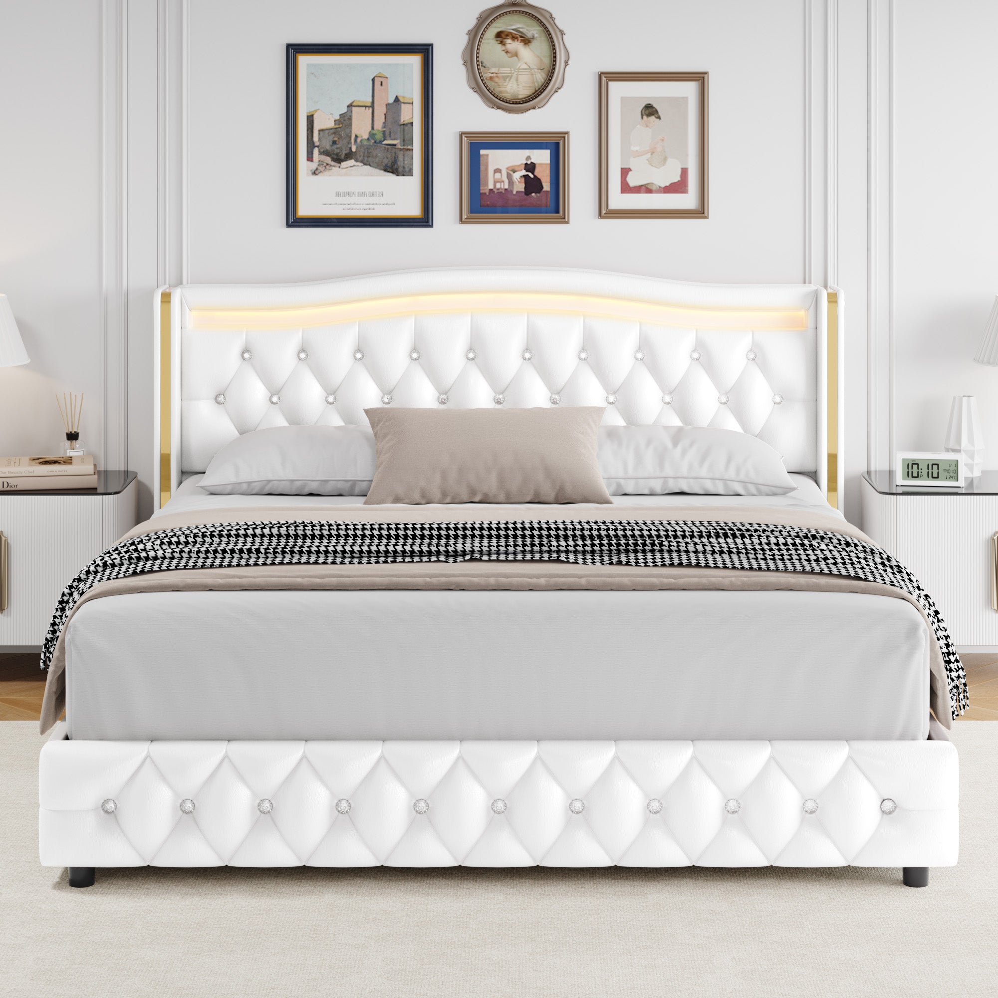 Hiphuta King Platform Bed Frame with 4 Storage Drawers, Crystal Button-Tufted Wingback Headboard, Modern PU Upholstered, White