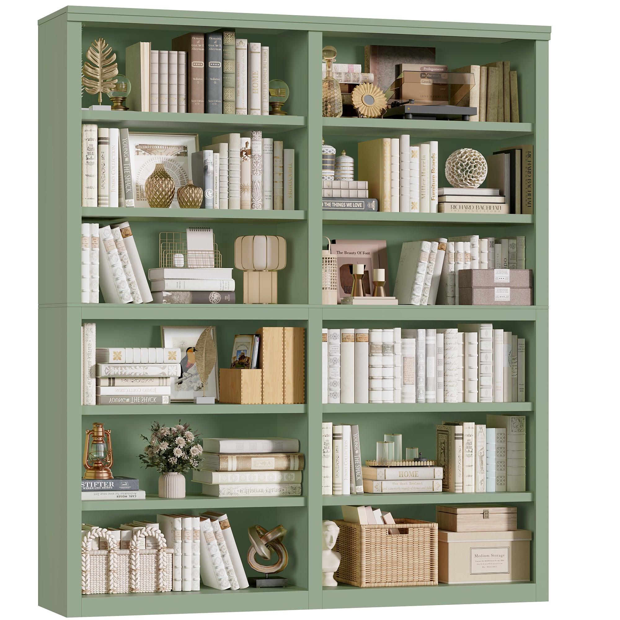 Hiphuta 63"W Extra Large and Sturdy Bookcase, Double Wide 6-Tier Bookshelf, Tall Bookcase for Home Office and Living Room, Wooden Freestanding Display Shelf, Green