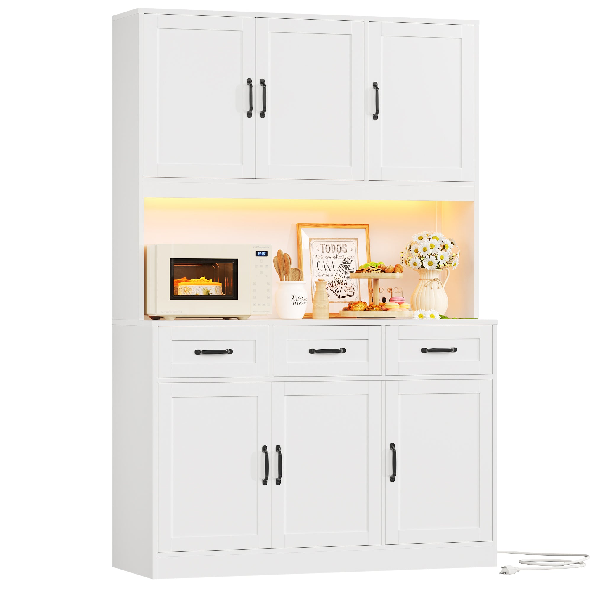 Hiphuta 72" Tall Kitchen Pantry Storgae Cabinet with RGB LED, Hutch Cabinet with Charging Station and Adjustable Shelves for Dining Room, White