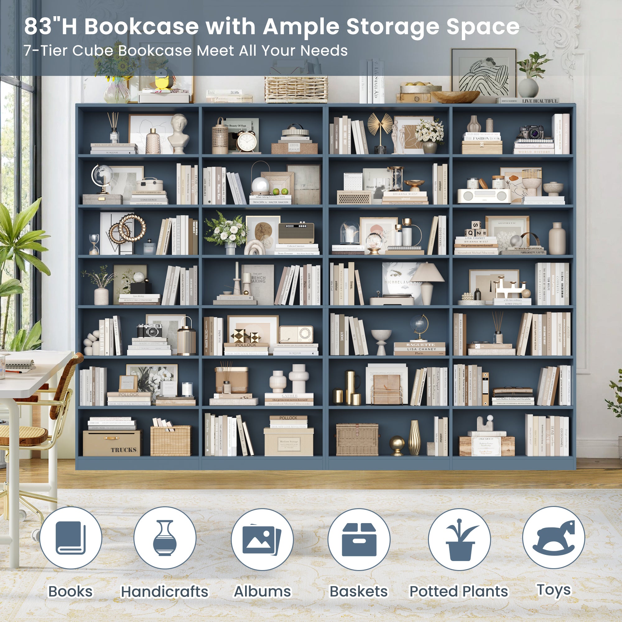 Hiphuta 83.6"H x 47.2"W Wood Double 7-Tier Standard Bookcase, Tall Bookcase for Bedroom, Living Room and Office, Freestanding Display Storage Shelves, Blue