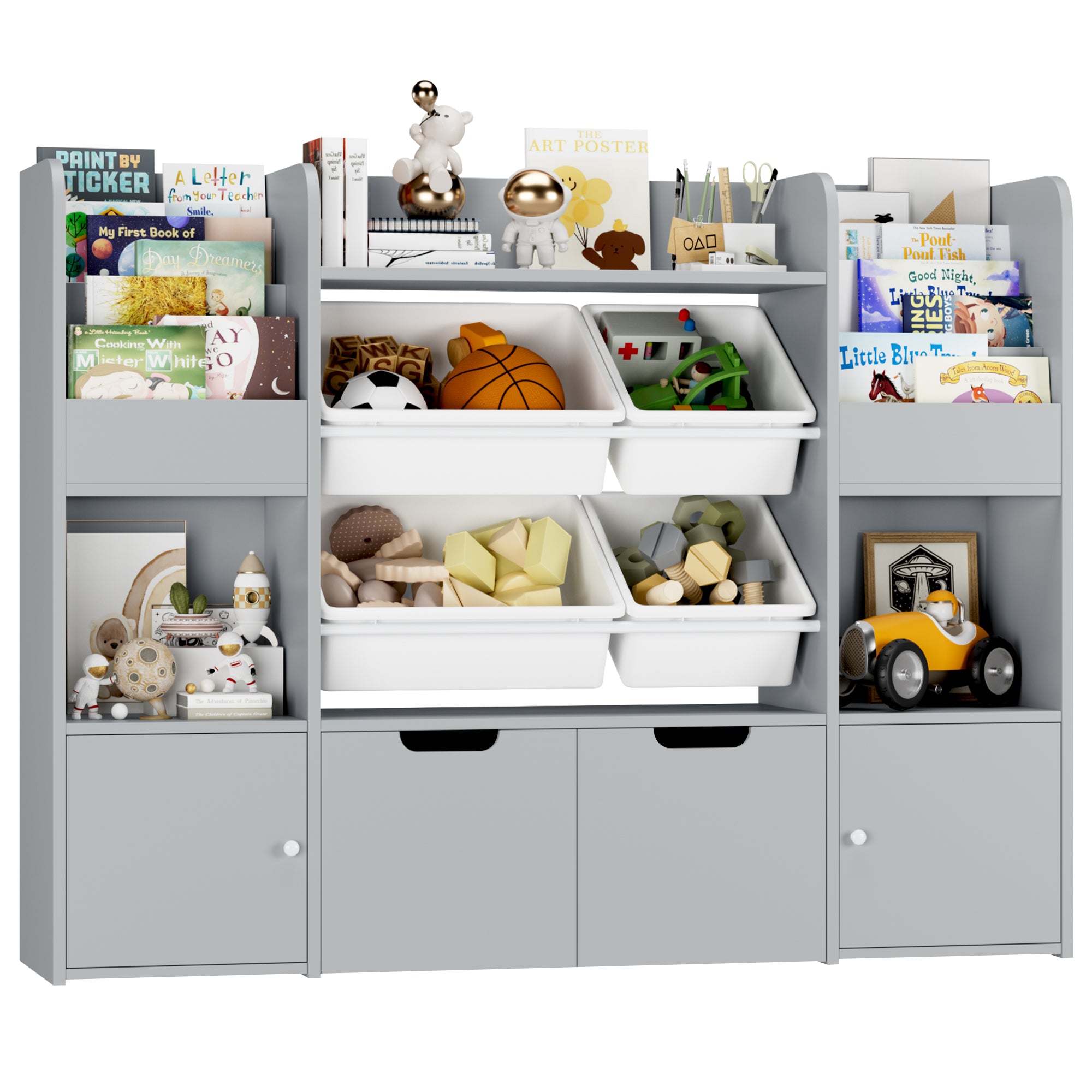 Hiphuta Kid's Toy Storage Organizer, Wood Toy Organizer of 4 Bins& 2 Removable Drawers, Children's Bookcase with Book Rack, Gray