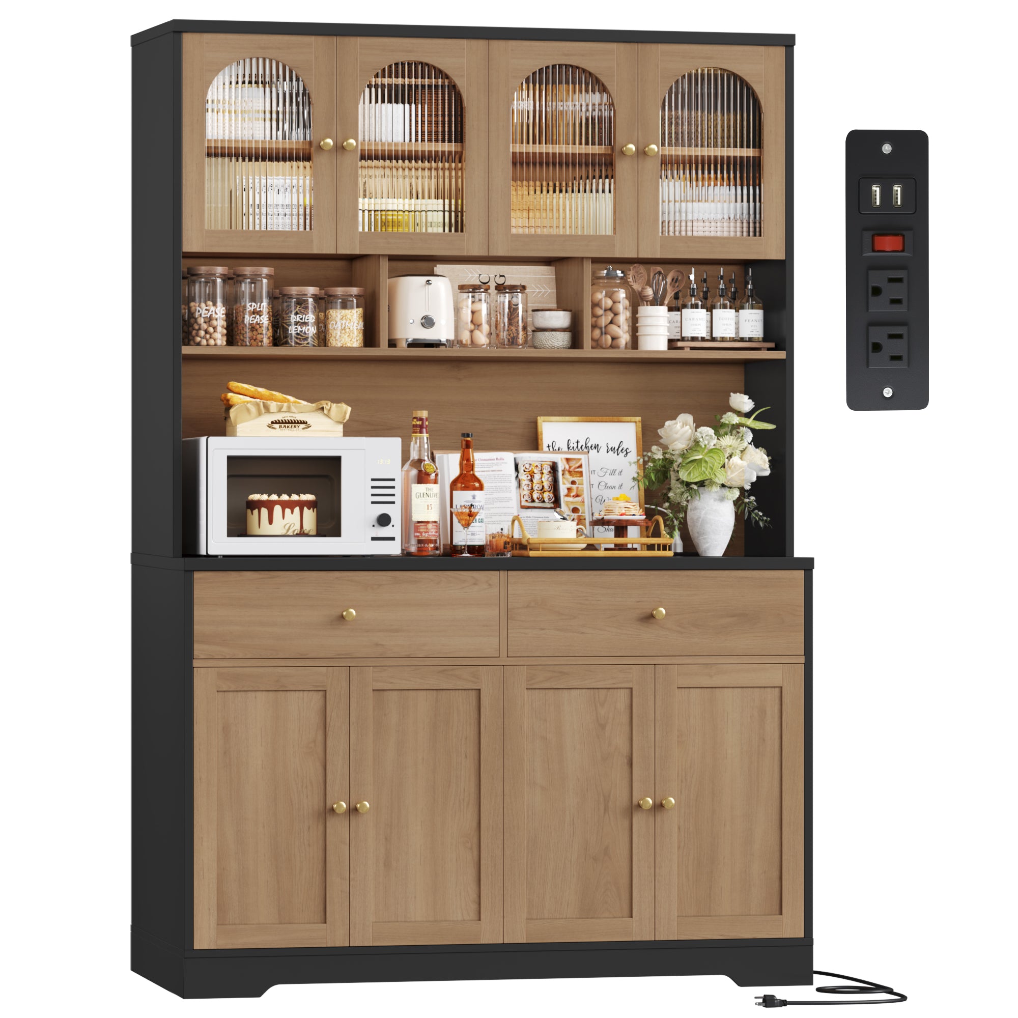 Hiphuta Pantry Cabinet with Glass Doors, Kitchen Storage Cabinet with Charging Station for Kitchen Dining Room, Black