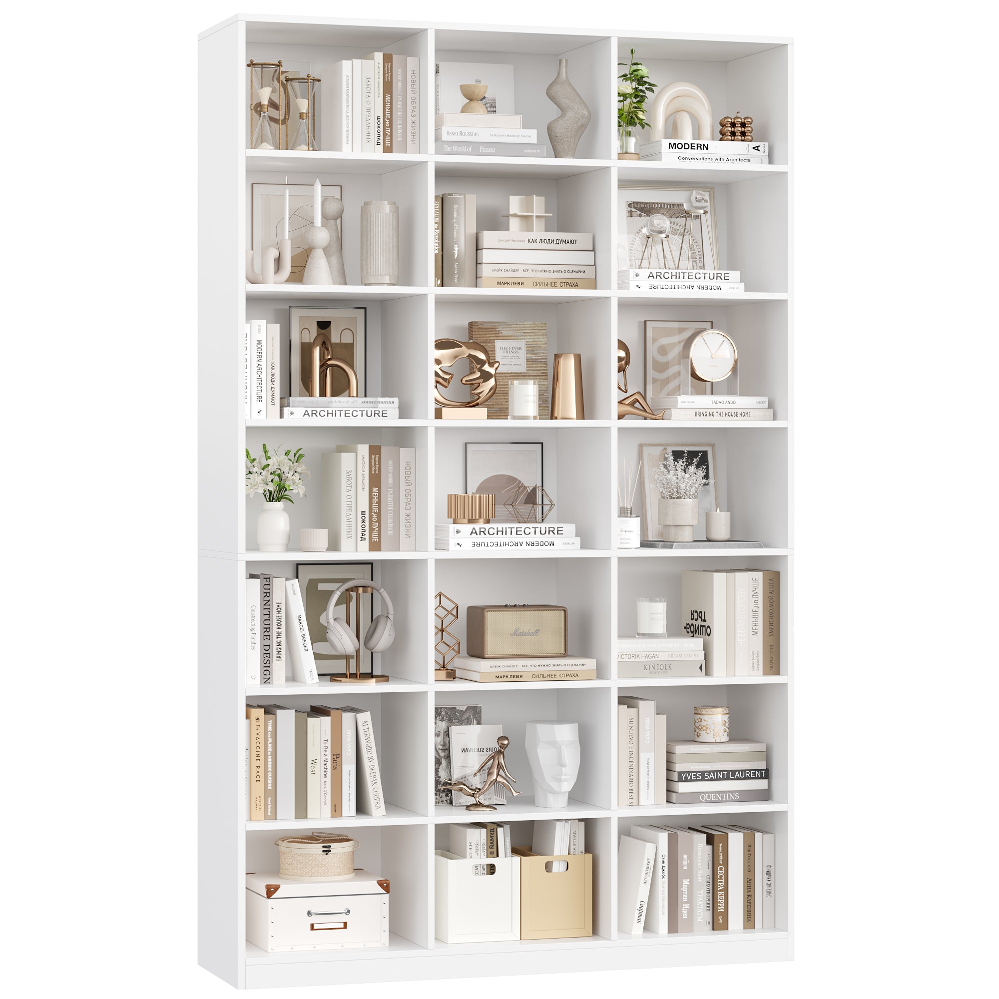 Hiphuta 86"H x 47"W Wood Triple 7-Tier Standard Bookcase, Tall Bookcase for Bedroom, Living Room and Office, Freestanding 21 Cubes Display Storage Shelves, White