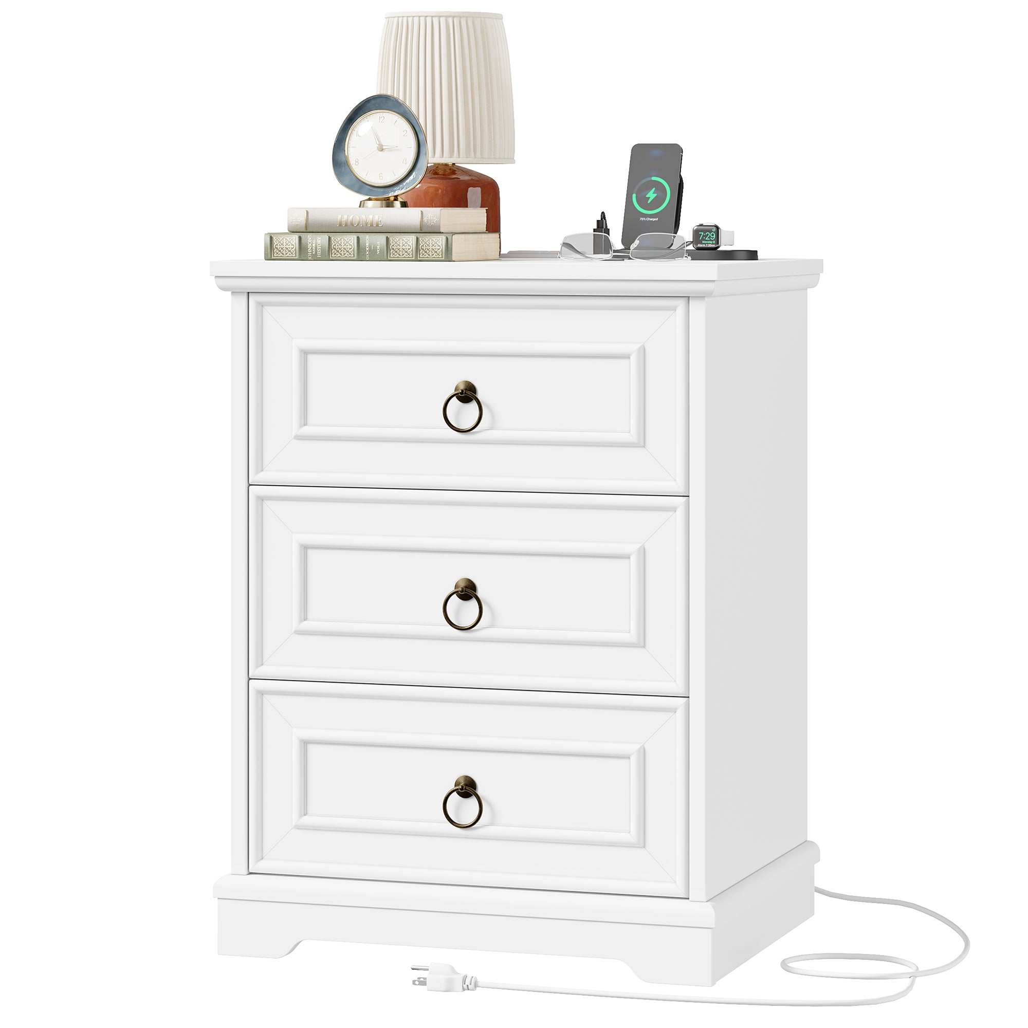 Hiphuta Vintage Nightstand with 3 Large Drawers, Farmhouse Sofa Table with Charging Station, Rustic End Table for Bedroom and Living Room, White