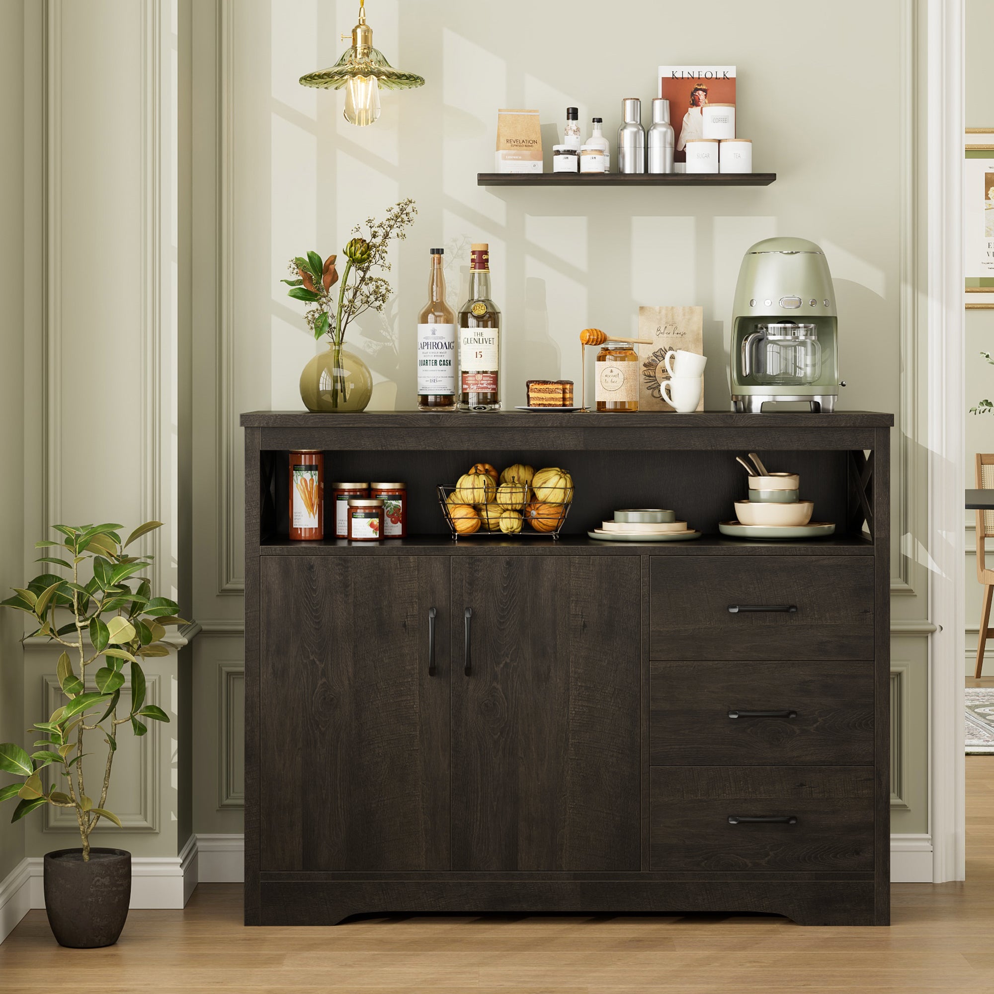 Hiphuta 47.2" Wide Buffet Sideboard, Farmhouse 3 Drawer Credenza Cabinet with 2 Doors, Dark Brown