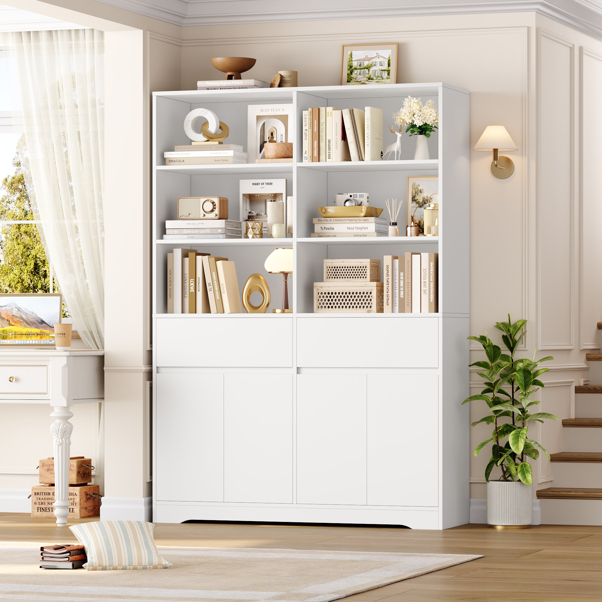 Hiphuta 69"H Modern Bookcases with Doors & Drawers, Large Wooden Display Shelf for Home Office, Wooden Storage Bookshelf for Living Room, White