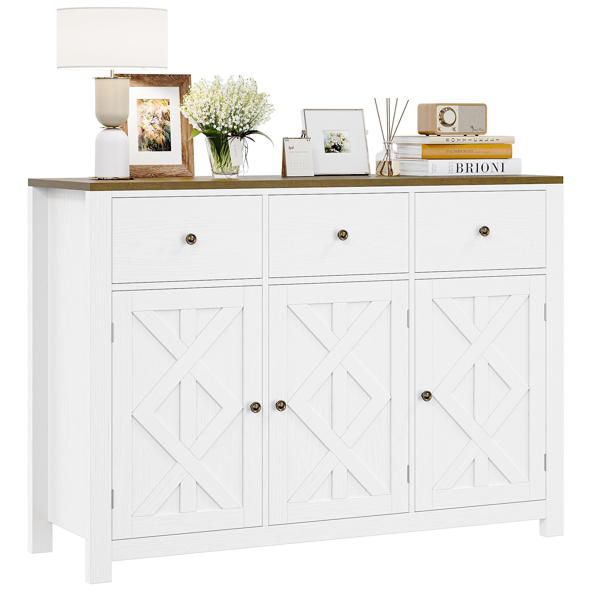 Hiphuta Farmhouse Kitchen Buffet Sideboard with 3 Drawers, Wood Storage Cabinet with Adjustable Shelves, White