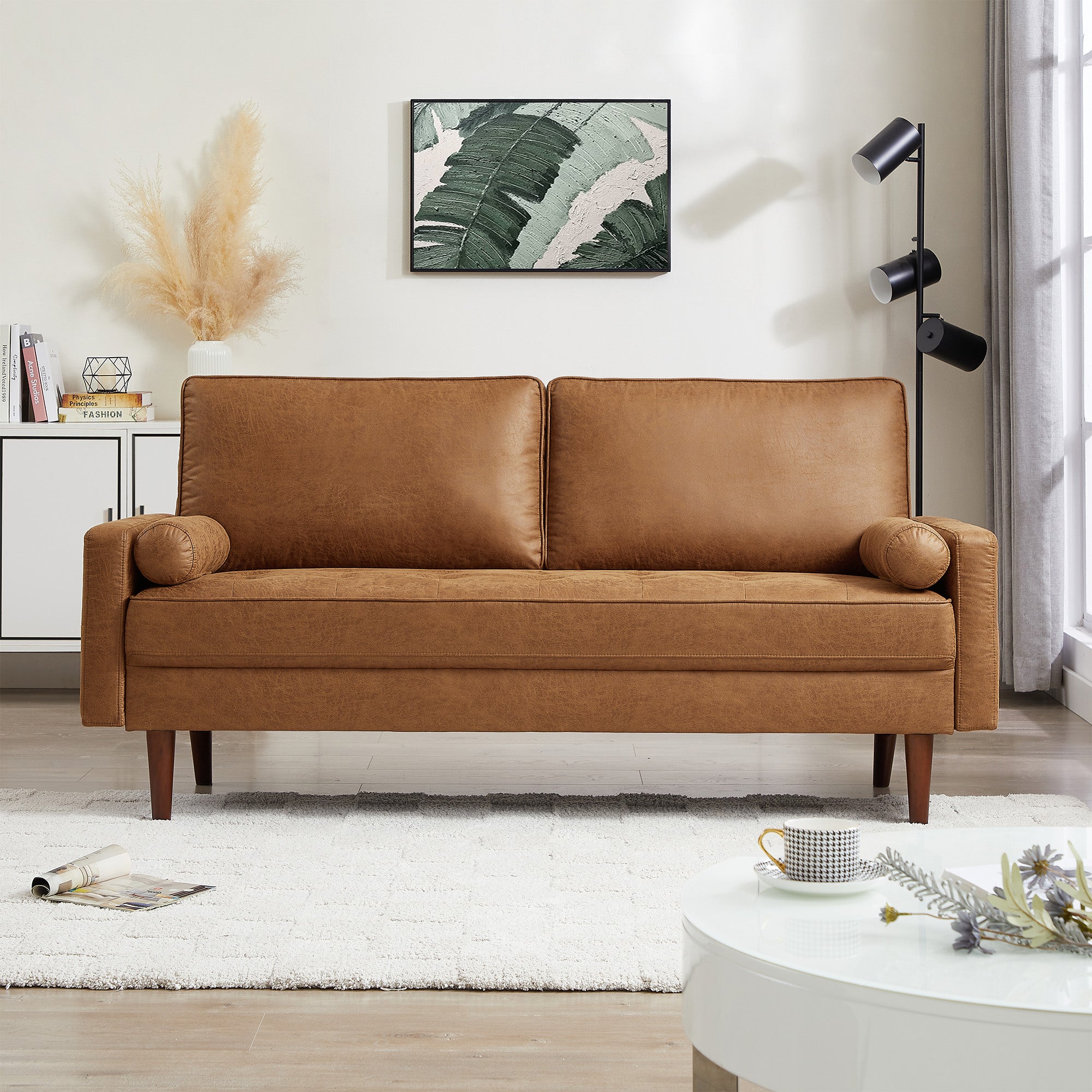 Hiphuta 70" Wide Mid-Century 3-Seater Couches with Tufted Cushion & 2 Pillows, Faux Leather, Brown