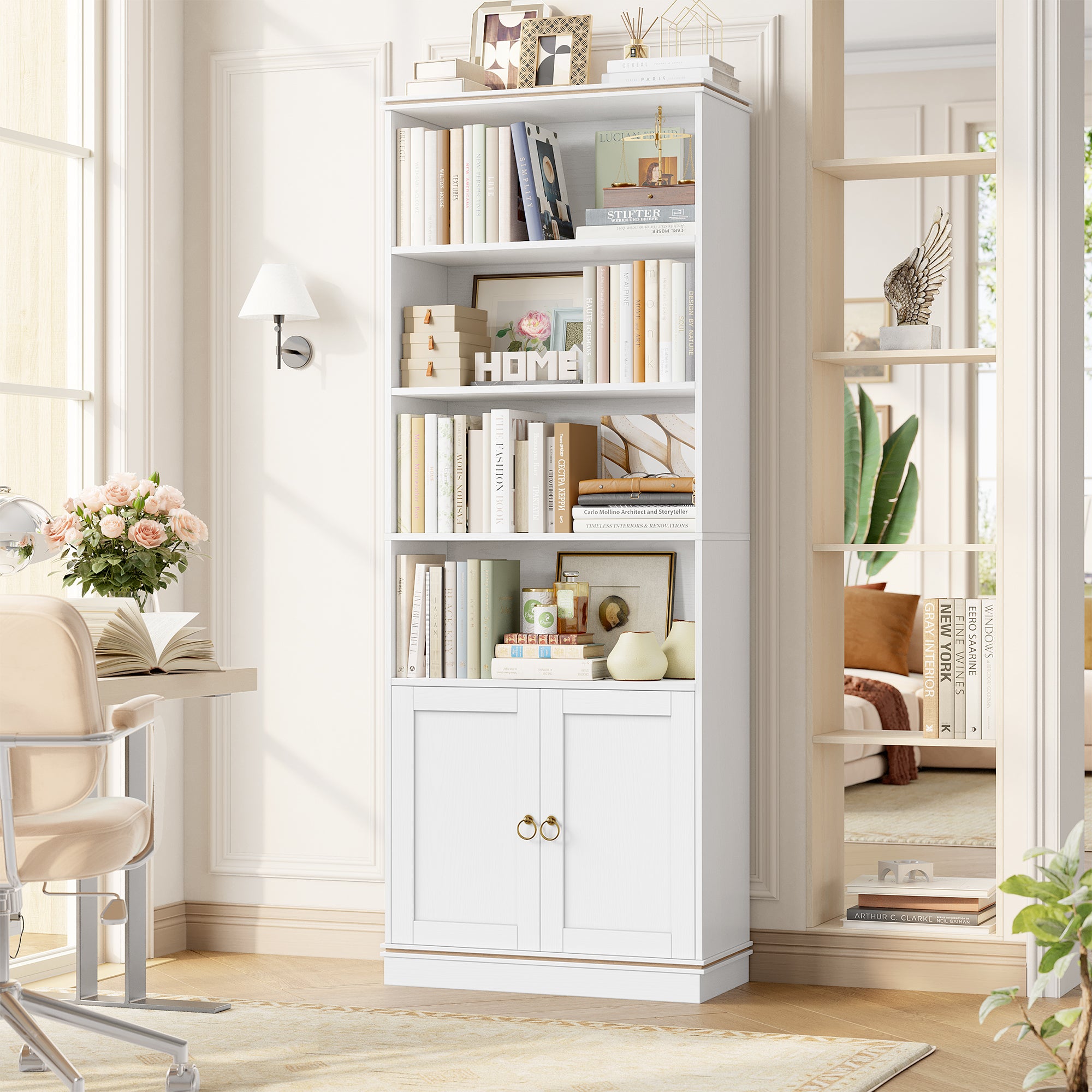 Hiphuta 73"Tall bookshelves with Storage, 4 Shelves Display Bookcase, Narrow Bookshelf with 2 Doors for Home Office, White