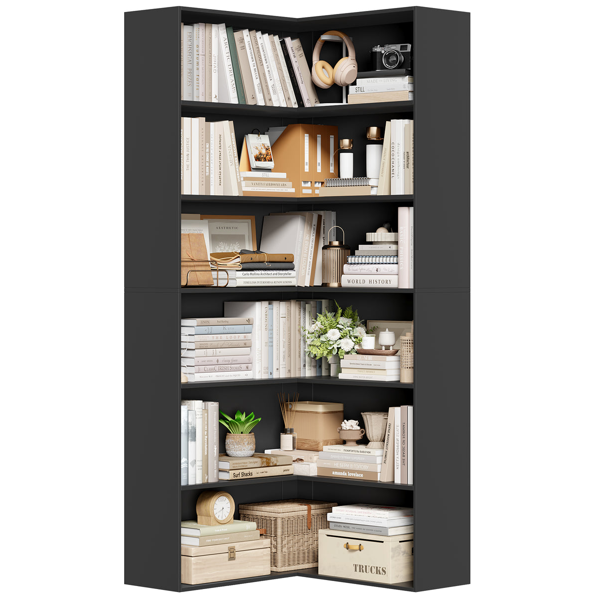 Hiphuta 6 Tier Corner Bookcase, Minimalist Modern Corner Bookcase for Office Living Room, Black