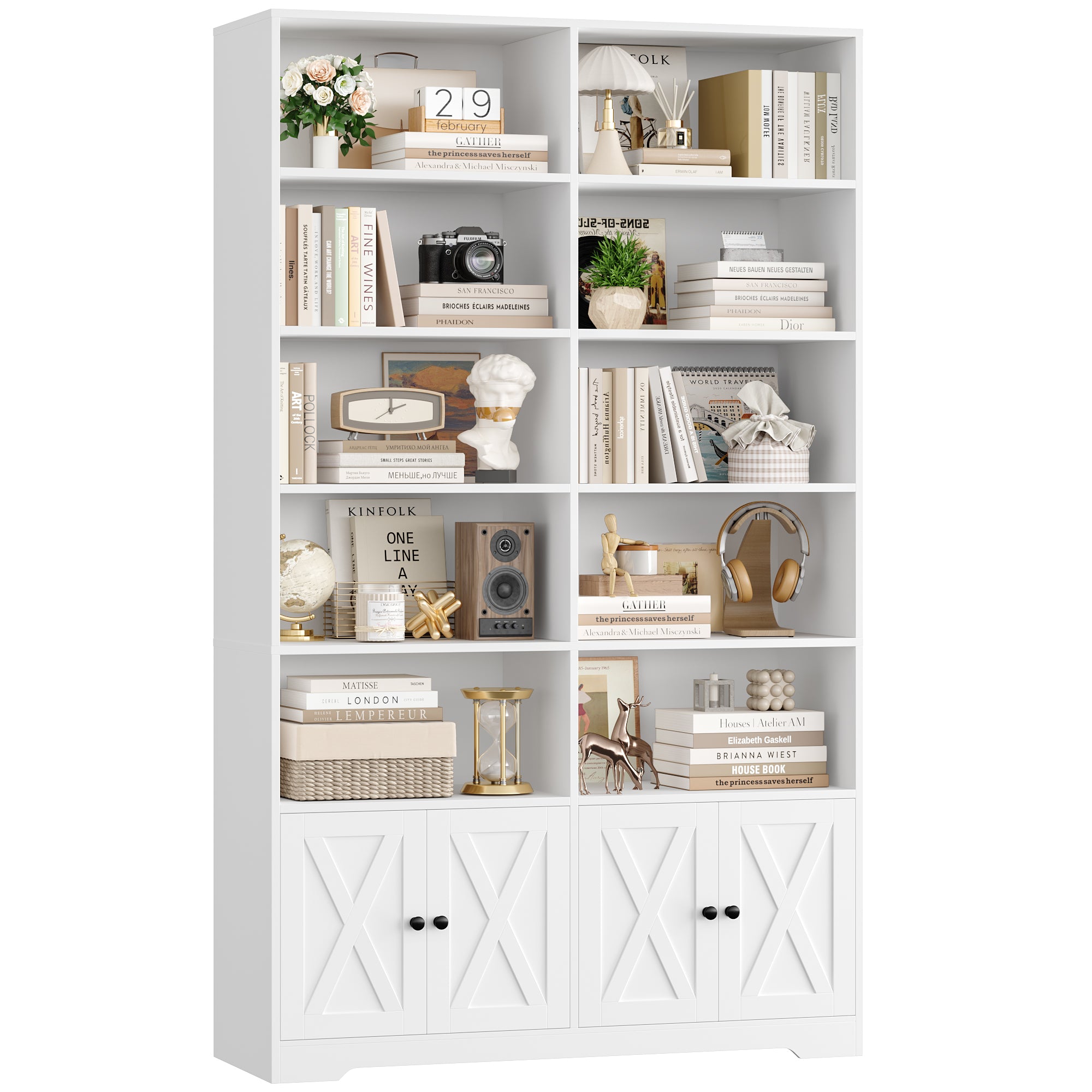 Hiphuta 78"H x 47"W Bookcase with Doors, Tall Bookshelves with Storage, 5-Tier Shelves Freestanding Display Bookcase for Home Office and Living Room, White