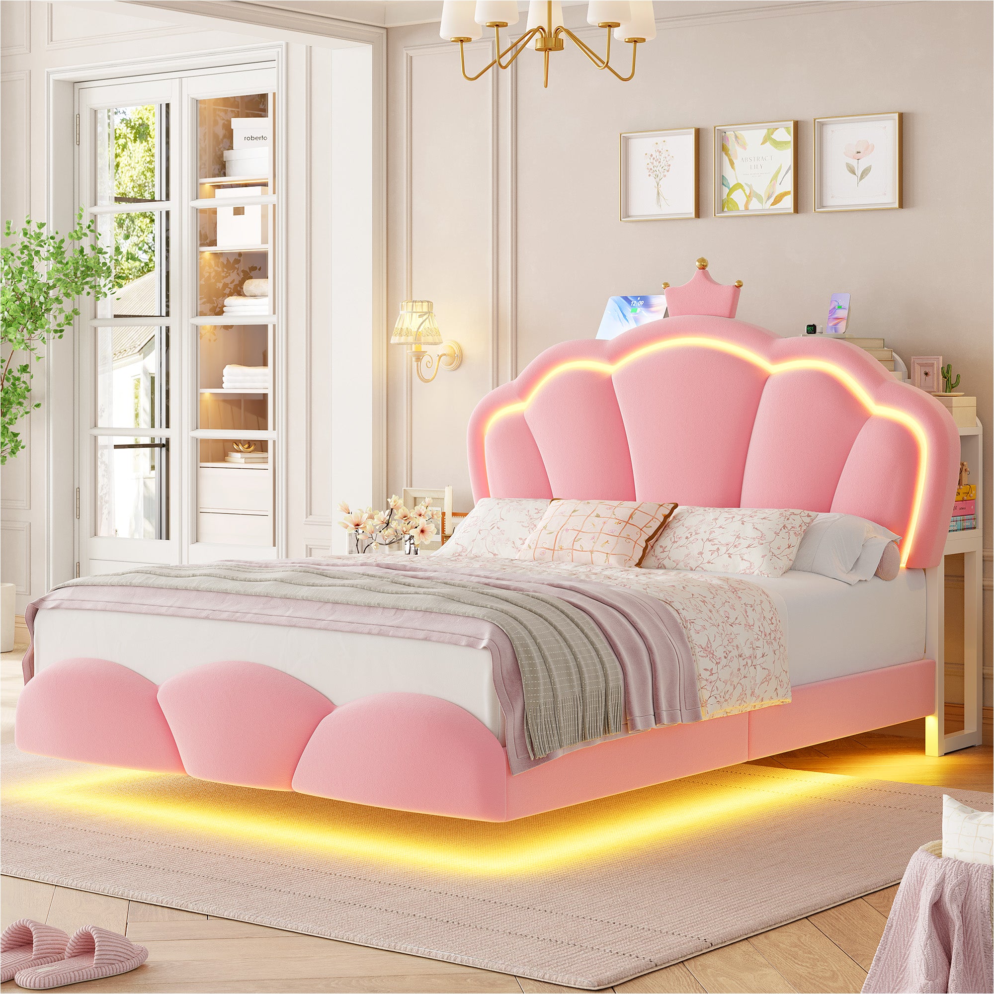 Hiphuta Full Floating Bed Frame with Crown Storage Headboard, Velvet Upholstered Platform Bed with LED Lights & Charging Station, No Box Spring Needed, Pink