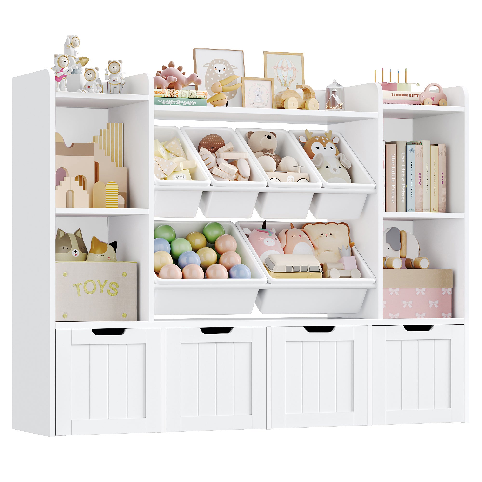 Hiphuta 3 Tier Kids Bookcase with Toy Storage Organizer, Wood Toy Organizer of 6 Boxes & 4 Removable Drawers, White