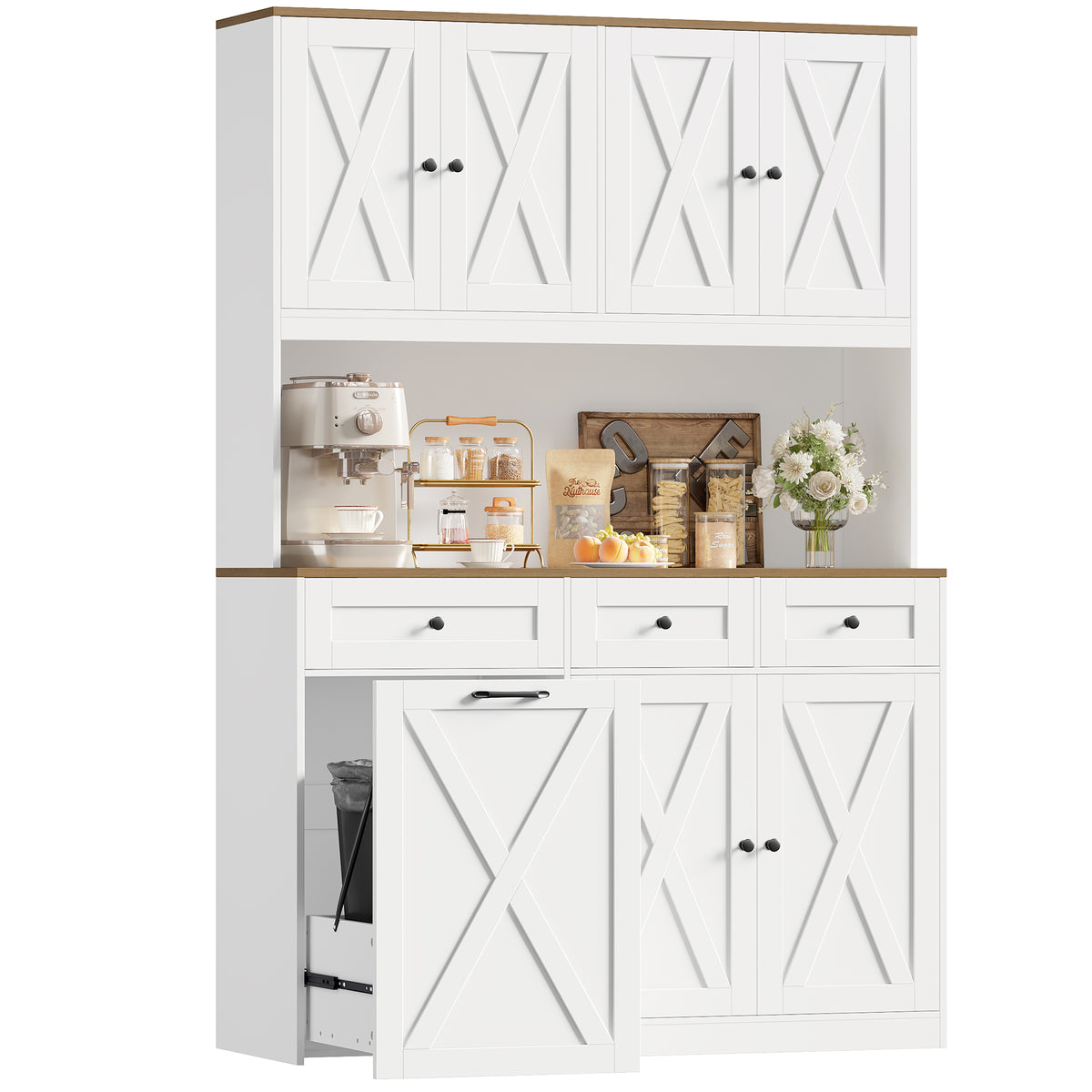 Hiphuta 73” Tall Kitchen Pantry Cabinet Fits 13 Gallon Trash Can Cabinet, Farmhouse Kitchen Storage Hutch with Pull Out Trash Can Storage for Dining Room Living Room, White