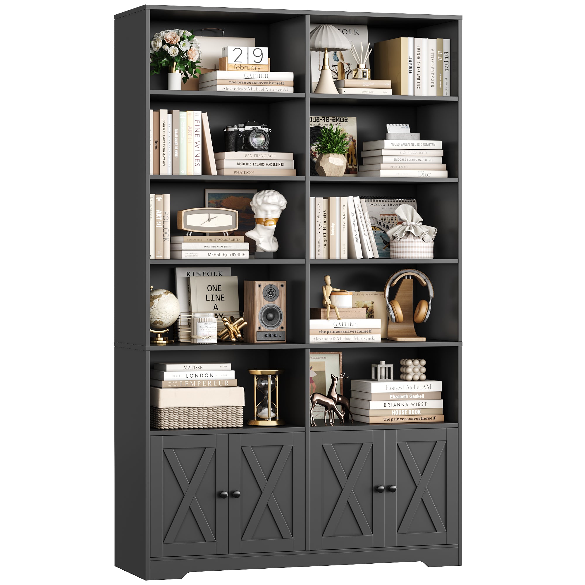 Hiphuta 78"H x 47"W Bookcase with Doors, Tall Bookshelves with Storage, 5-Tier Shelves Freestanding Display Bookcase for Home Office and Living Room, Black