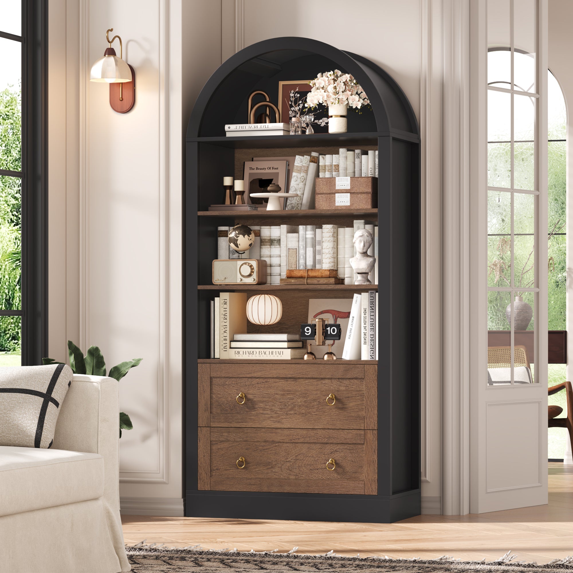 Hiphuta 70"Tall Arched Bookshelf, 4-Tier Bookcase with 2 Large Drawers, Wooden Display Shelf with Storage for Living Room Home Office, Black & Oak