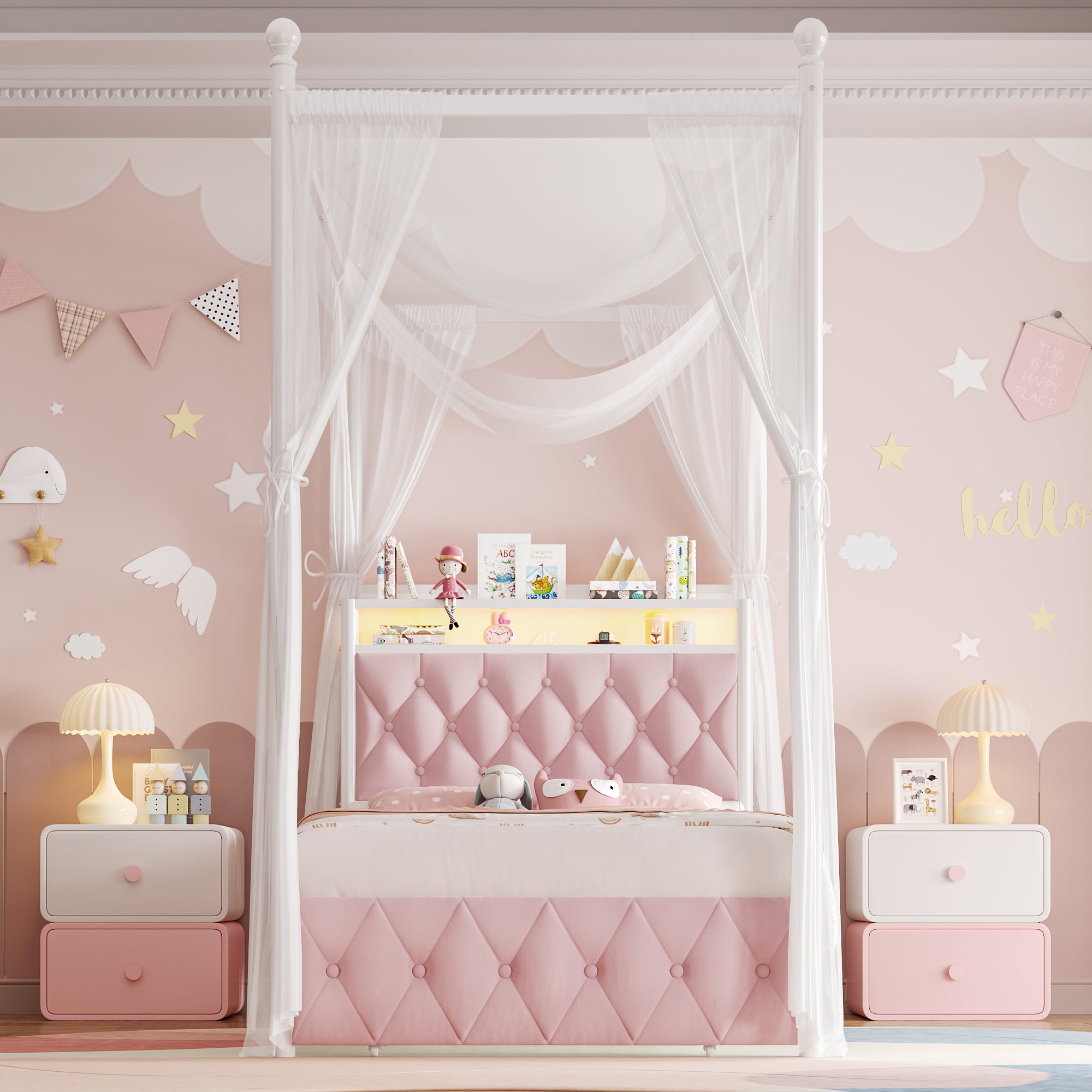 Hiphuta Twin Size Upholstered Princess Canopy Bed with Charging Station & Storage Drawer, LED Platform Bed with 4 Removable Posts, Twin Bed for Kids, Curtain Not Included, Pink