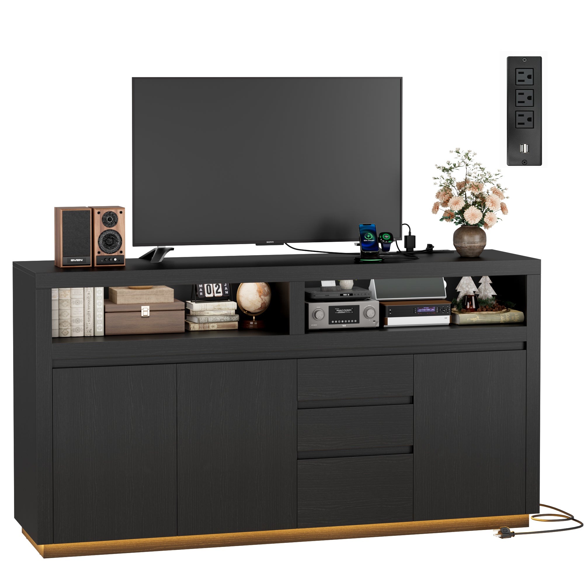 Hiphuta Farmhouse TV Stand with RGB LED, Modern Entertainment Center with Doors and Drawers, Black