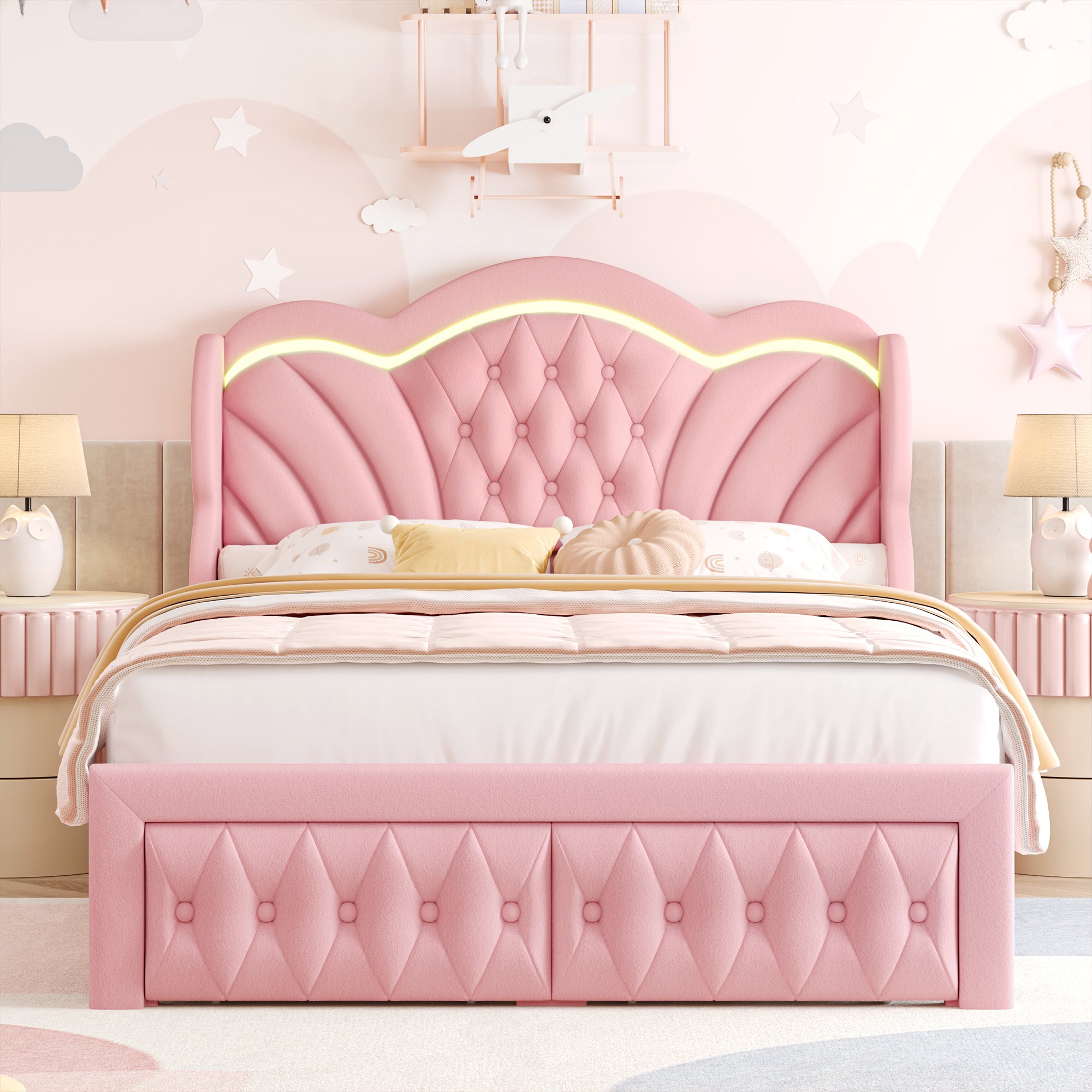 Hiphuta Queen LED Bed with 2 Drawers, LED Lights Platform Bed Frame with Upholstered Button Tufted Headboard, No Box Spring Needed, Velvet Pink