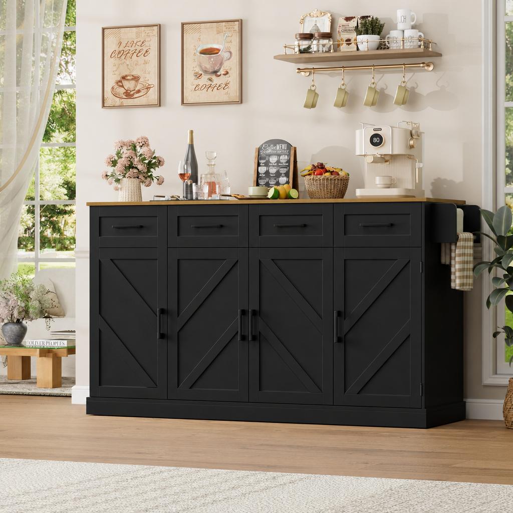 Hiphuta 55"W Kitchen Island Cart with Storage, Rolling Island Table with Trash Can, Adjustable Shelves and 4 Drawers, Movable Buffet Cabinet for Dining room, Black
