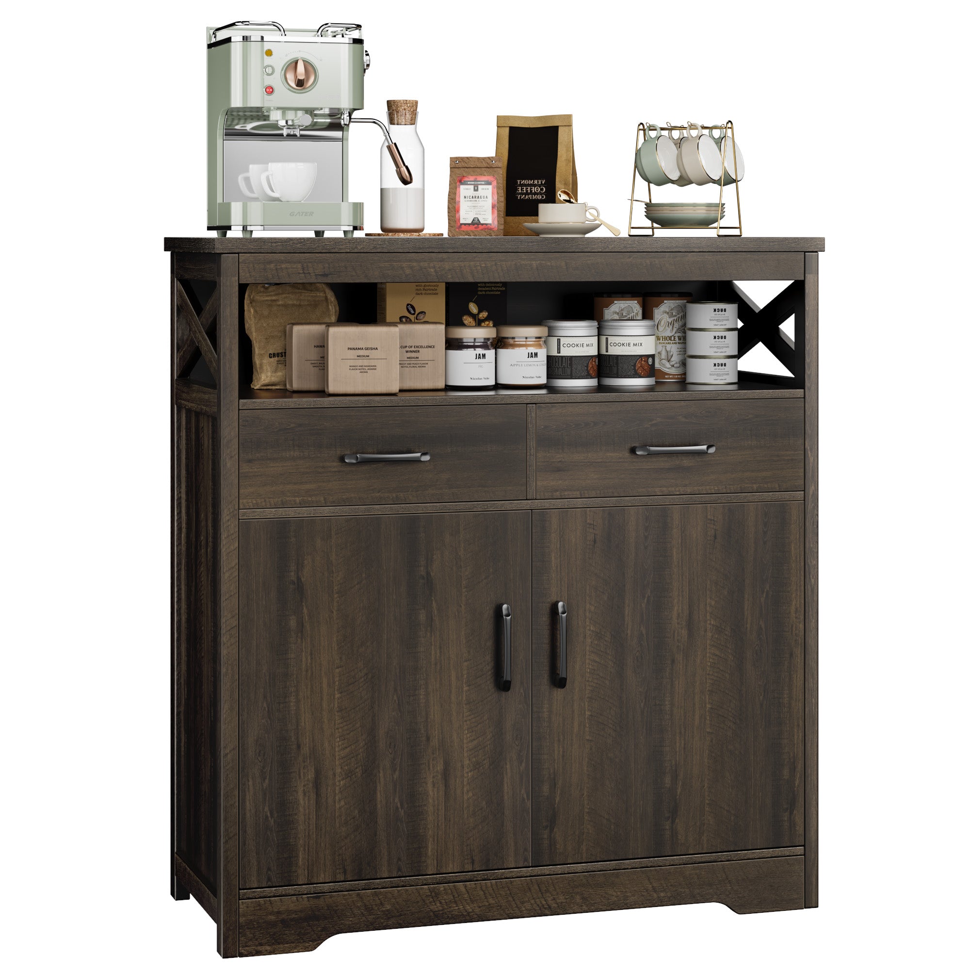 Hiphuta Modern Farmhouse Buffet Sideboard, Wood Cabinet with Shelves, Doors & 2 Drawers, Coffee Bar, Floor Cabinet Cupboard for Living Room, Dark Brown