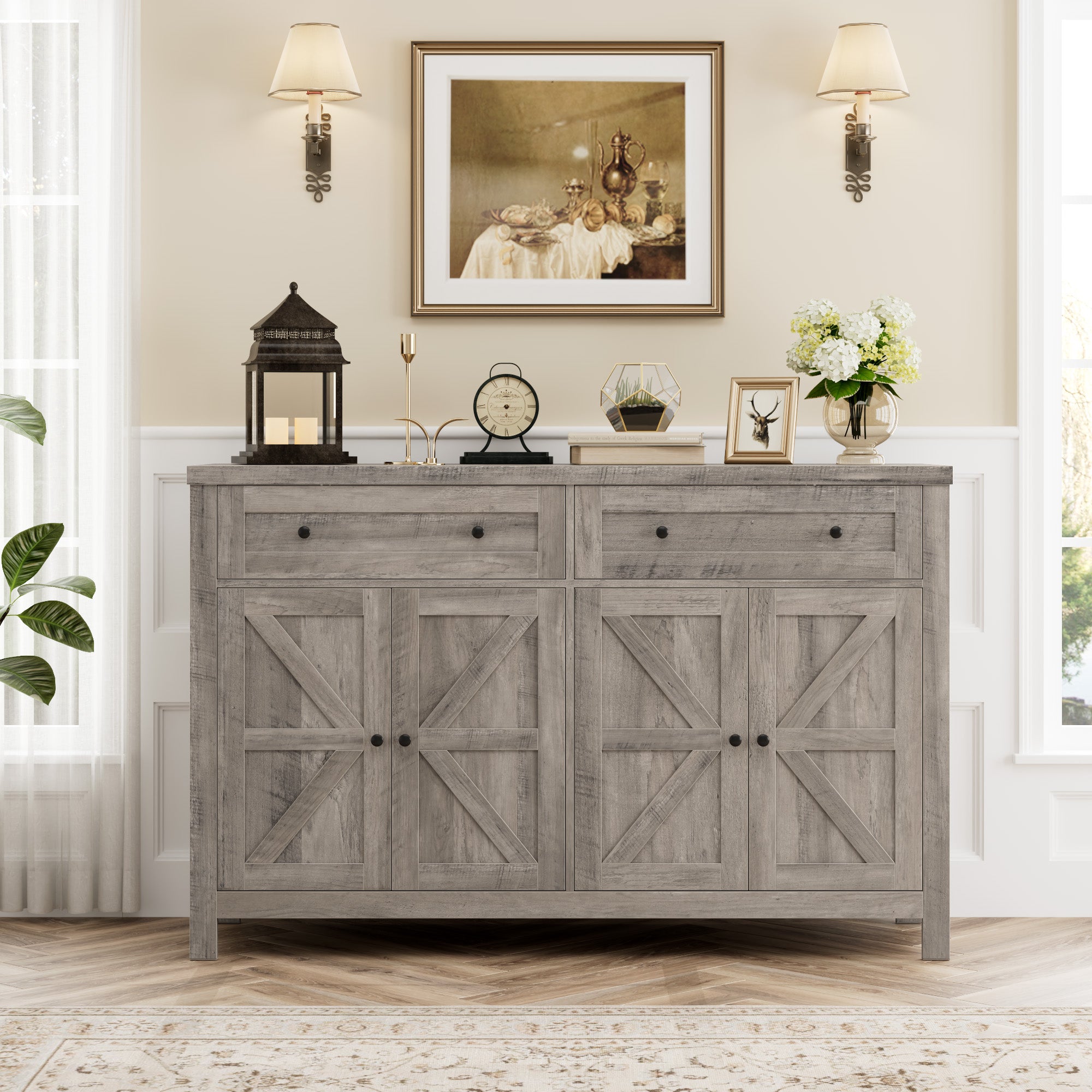 Hiphuta 55.1" Modern Sideboard Buffet, Credenza Storage Cabinets with Adjustable Shelf, 4-Doors & 2-Drawers, Ash Gray