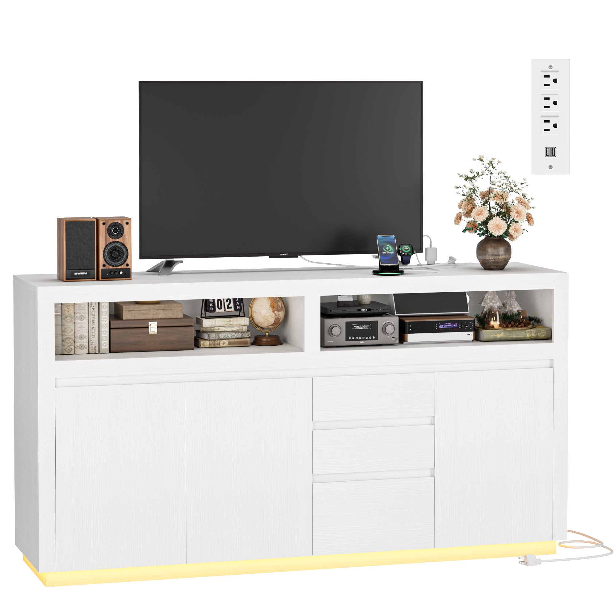 Hiphuta 63" Wide Farmhouse TV Stand Fits Up to 70 Inch TVs, Entertainment Center with RGB LED Lights, Wood Grain Media Console with Charging Station, White
