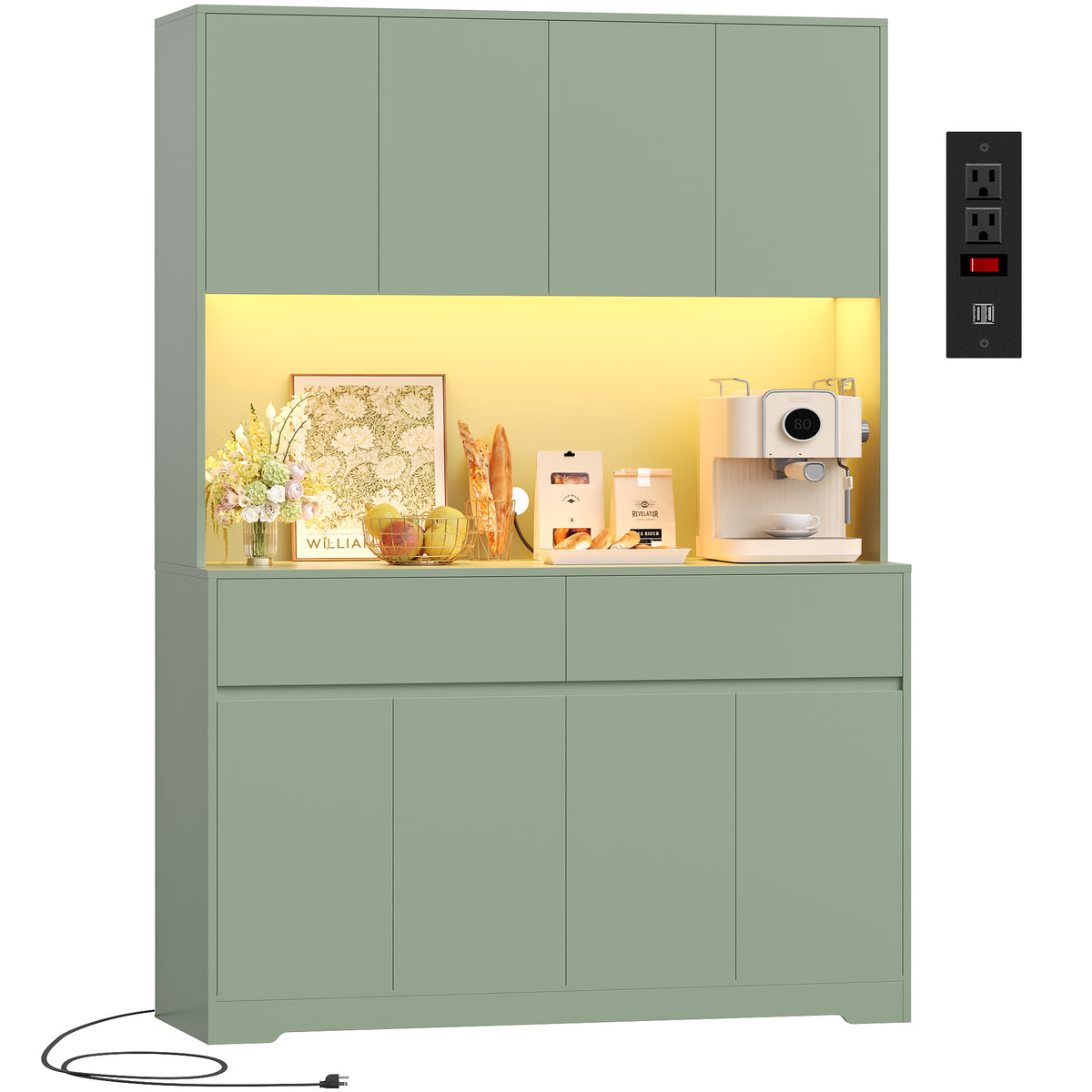Hiphuta 71"Tall Modern Pantry Cabinet with Charge Station & Led Light, Freestanding Kitchen Hutch Cabinet for Dining Room, Green
