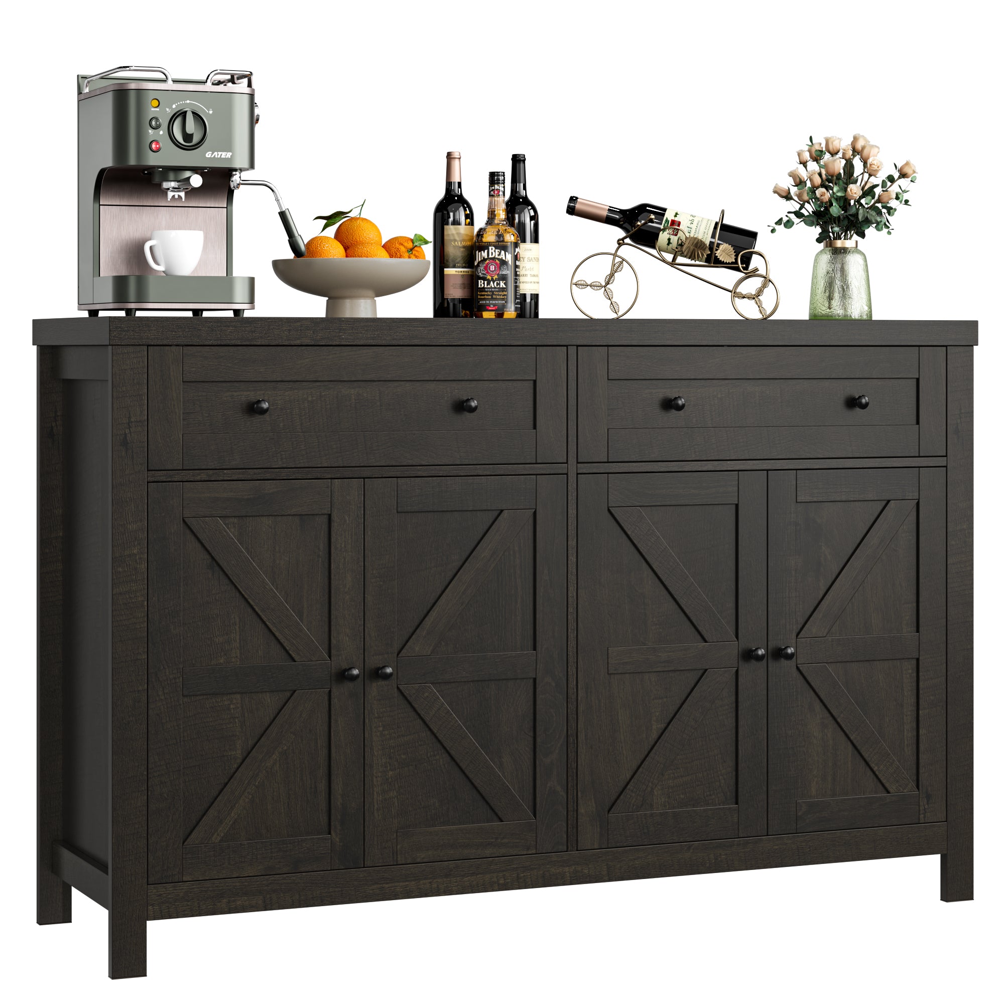 Hiphuta 55.1" Modern Sideboard Buffet, Credenza Storage Cabinets with Adjustable Shelf, 4-Doors & 2-Drawers, Dark Brown