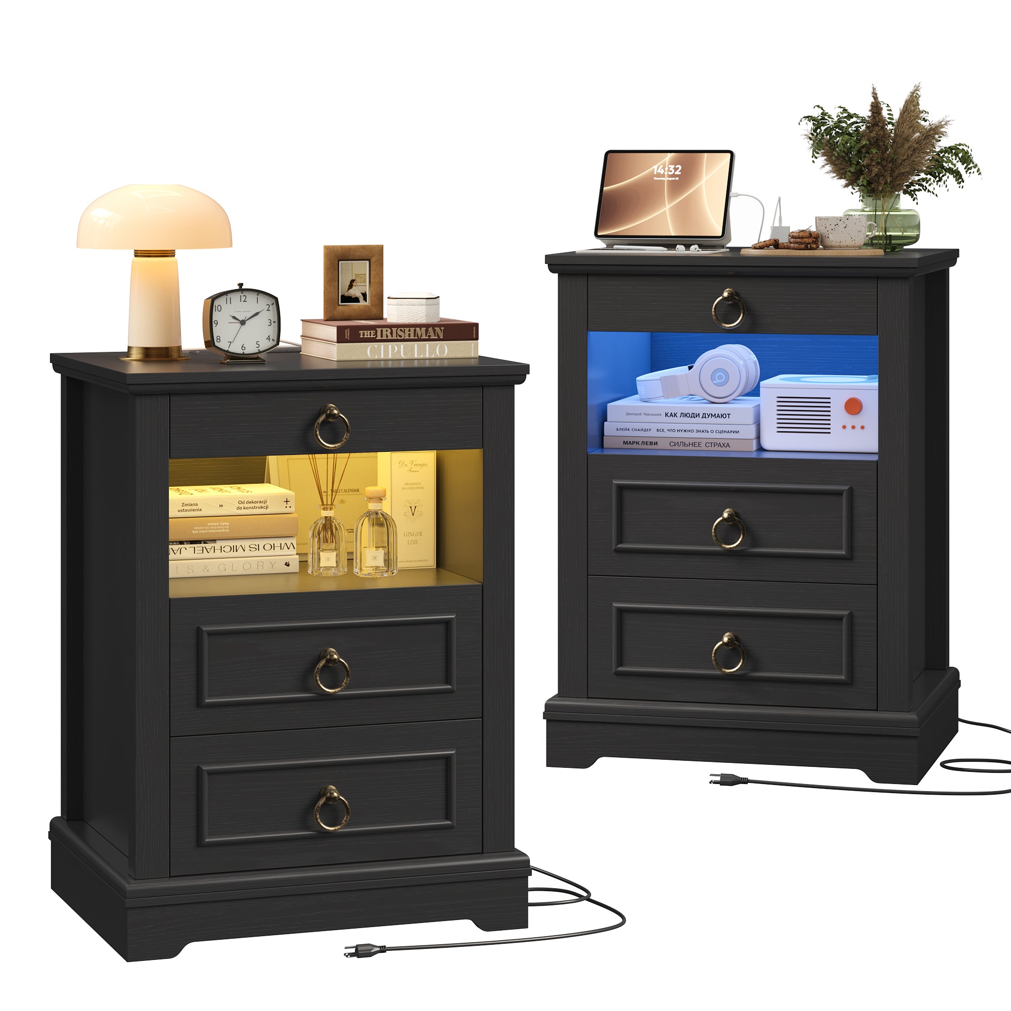 Hiphuta RGB LED Nightstands Set of 2, 3-Drawer Sofa Tables with Charging Station and Retro Handles, for Bedroom Living Room, Black
