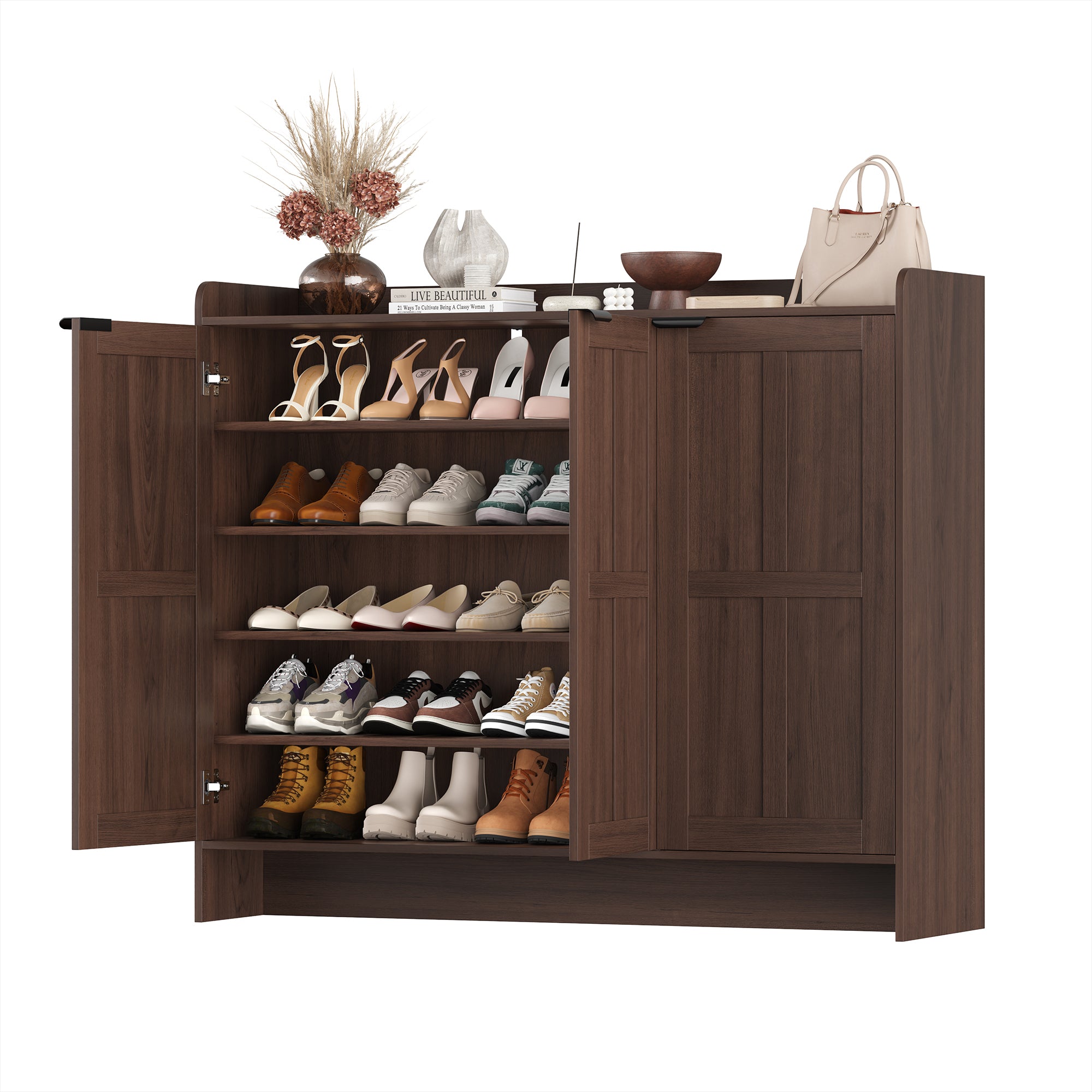 Hiphuta 6 Tiers Shoe Cabinet with Doors, Modern Minimalist Shoe Organizer for Entryway, Brown