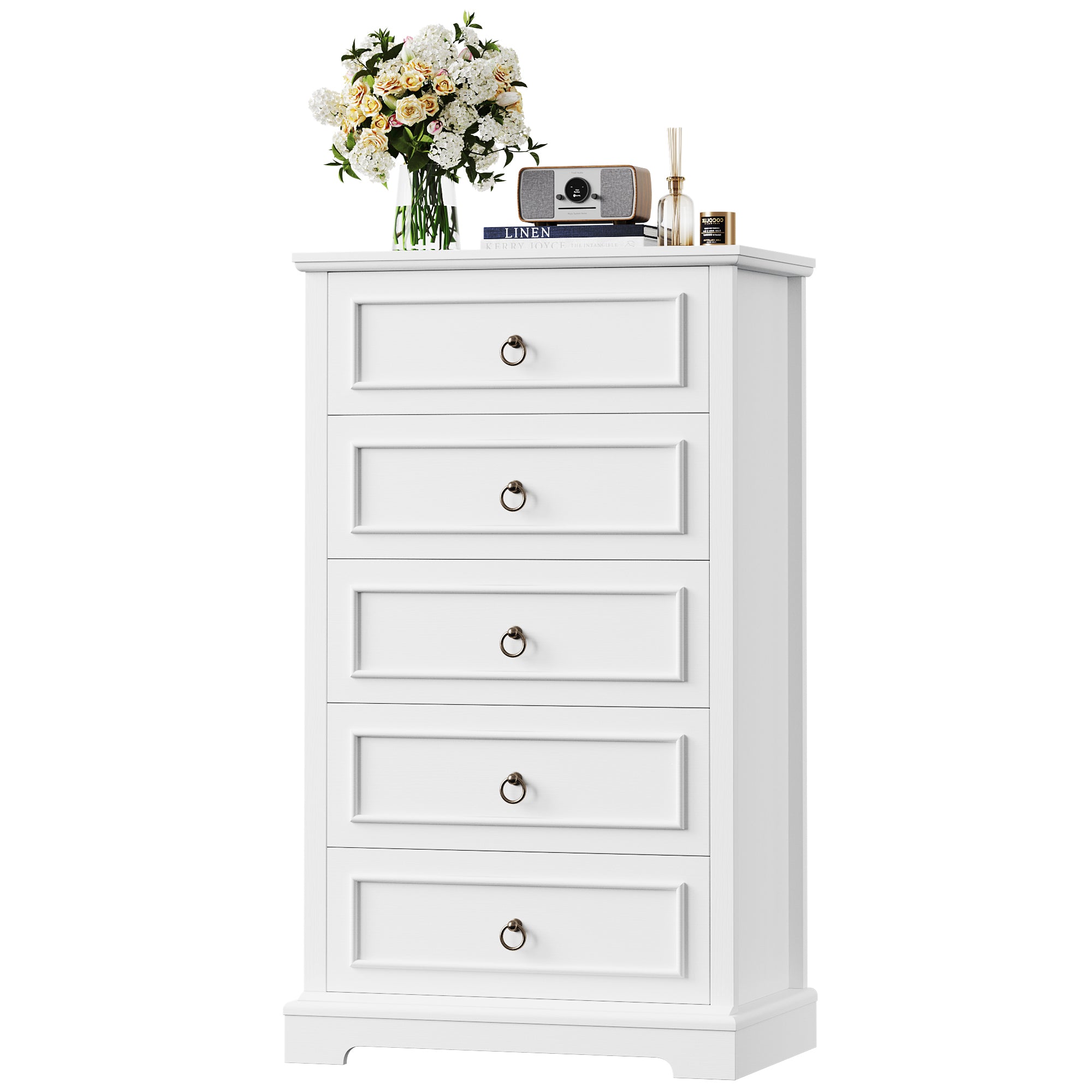 Hiphuta Modern 5 Drawers Tall Dresser for Bedroom with Metal Handle, Large Dresser Organizer, Wood Chest of Drawers, White