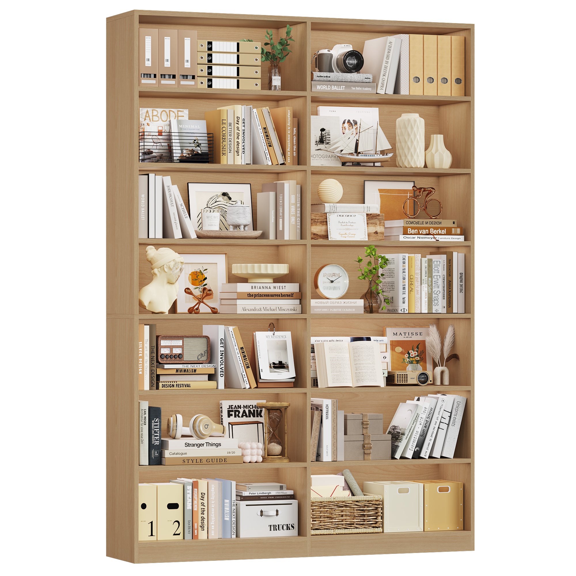 Hiphuta 83.6"H x 47.2"W Wood Double 7-Tier Standard Bookcase, Tall Bookcase for Bedroom, Living Room and Office, Freestanding Display Storage Shelves, Natural