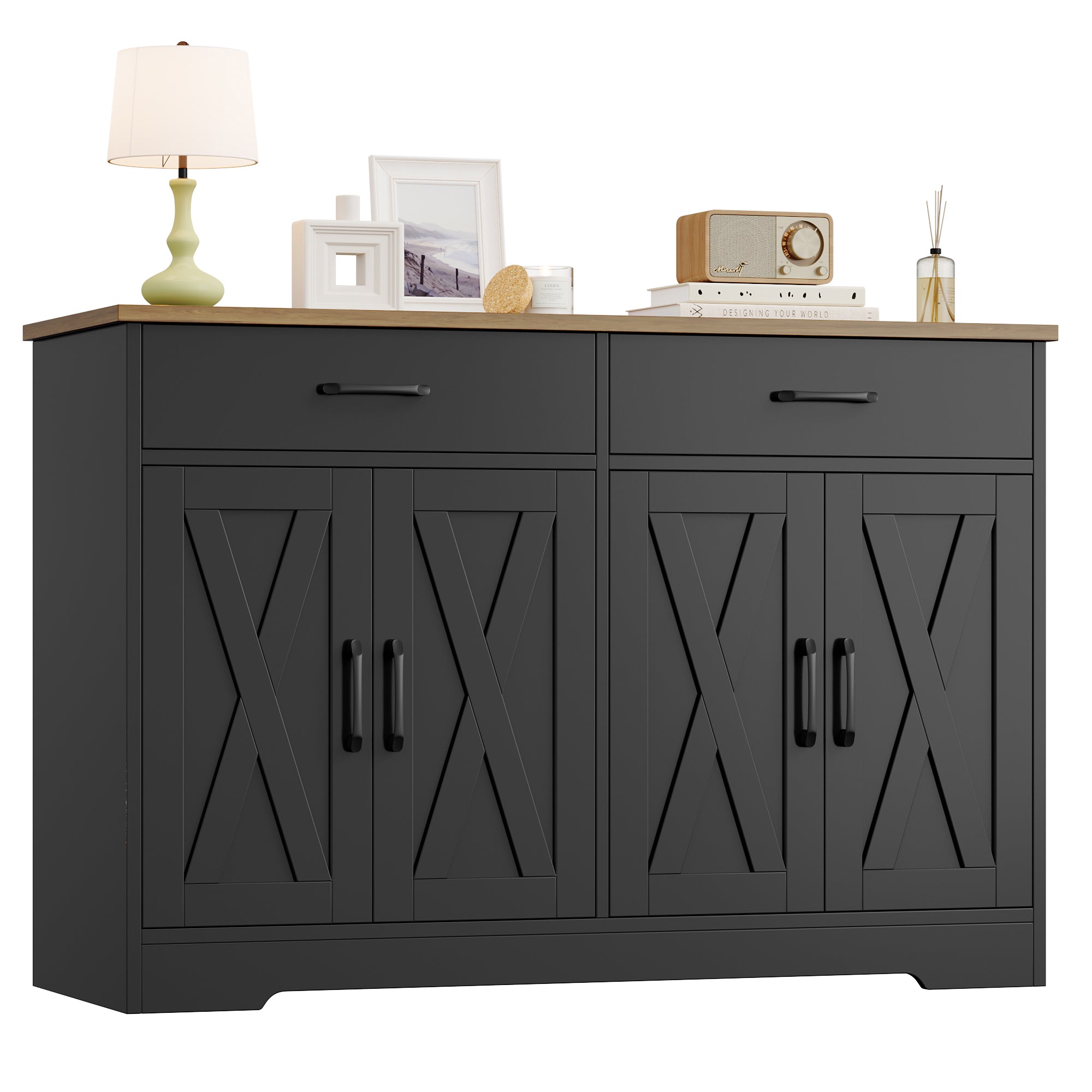 Hiphuta 47" Farmhouse Sideboard Storage Cabinets with 4 Doors & 2 Drawers, Cabinet with Brown Top for Living Room, Black