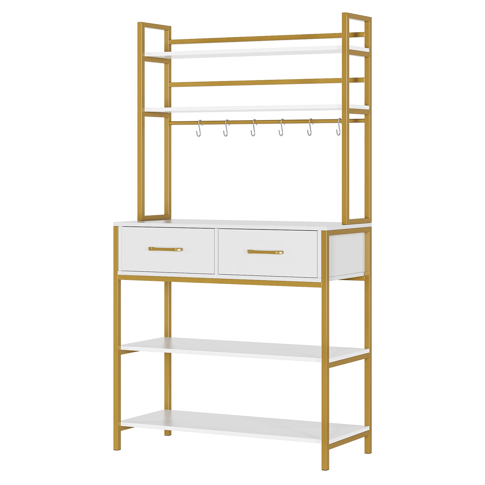 Hiphuta 31.5'' 5-Tier Kitchen Wood Bakers Rack with 2 Drawers, Gold White