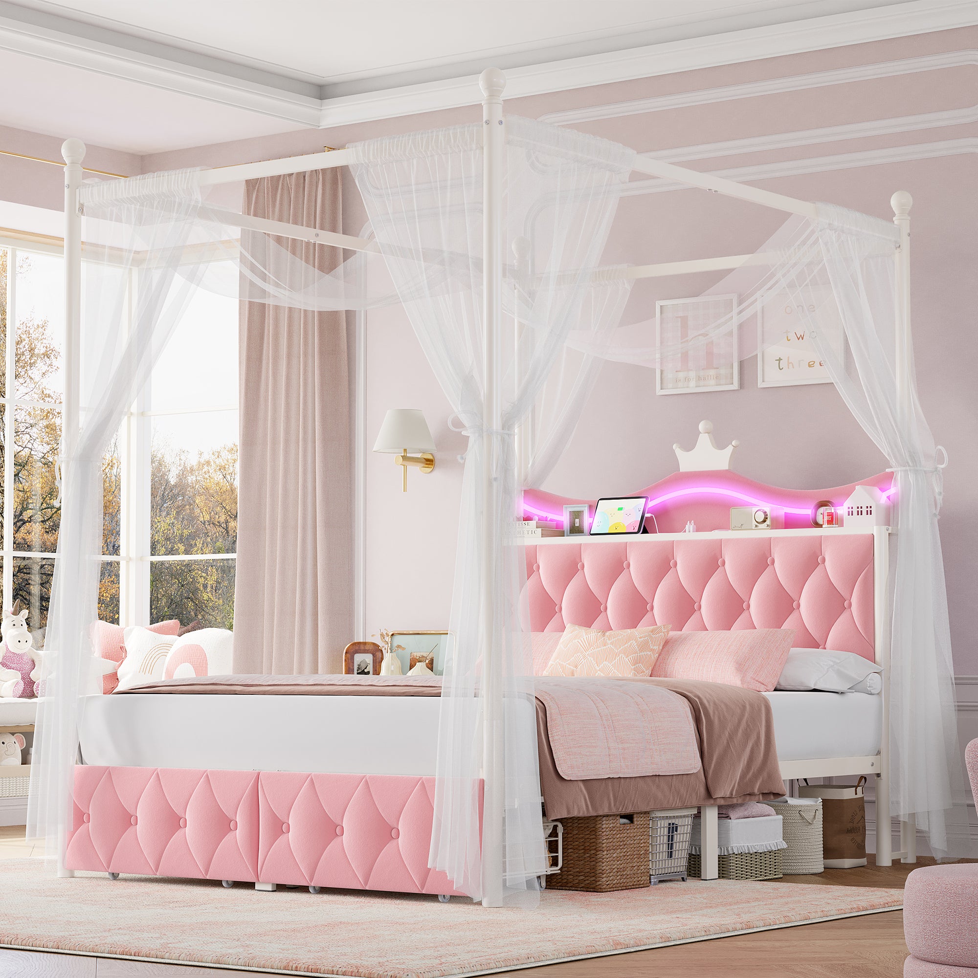 Hiphuta Queen Size Crown Canopy Bed with Power Outlet & LED, Upholstered Princess Beds with 4 Removable Posts, Queen Velvet Bed for Adults, Curtain Not Included, Pink